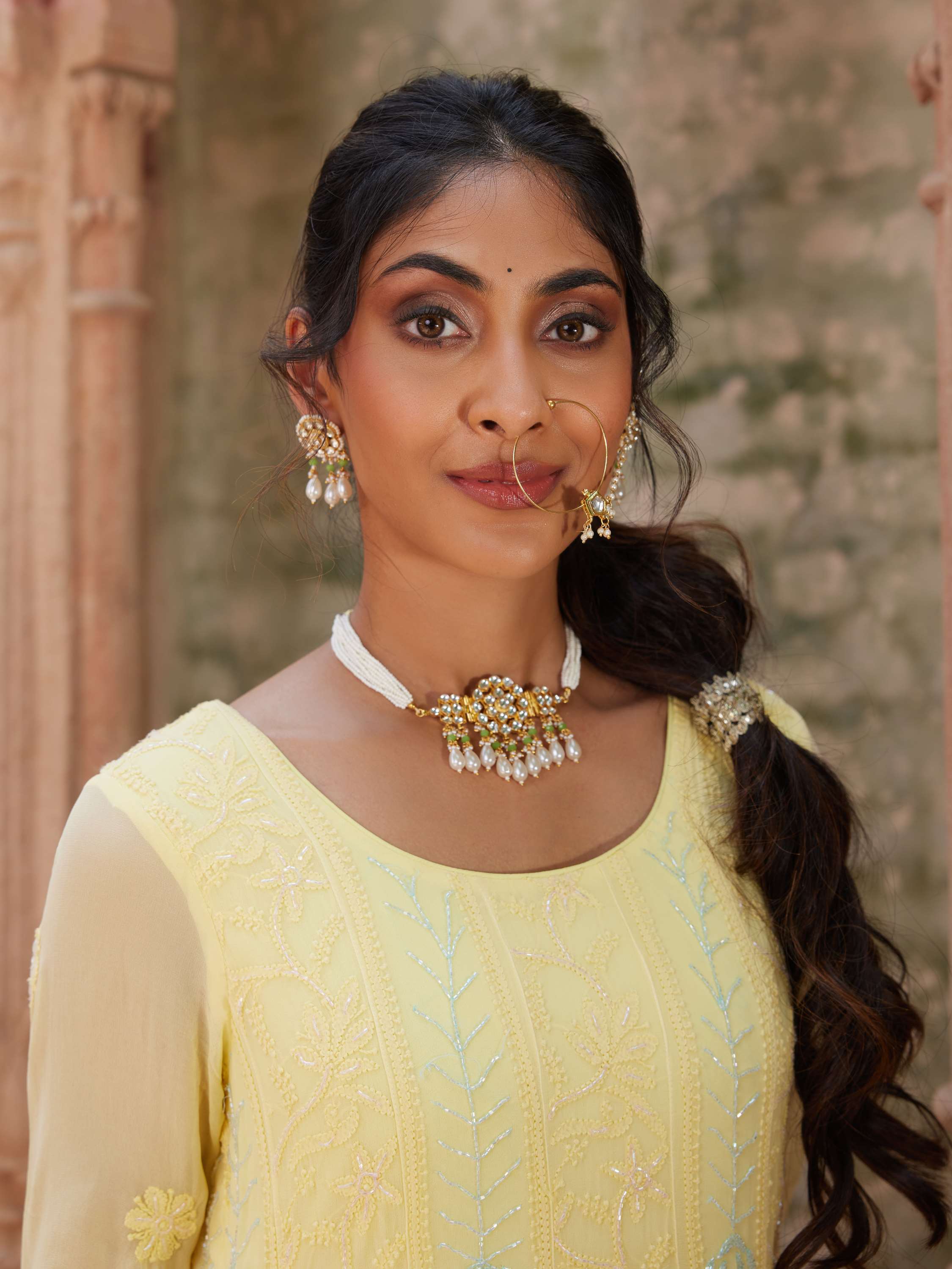 Lemon Handmade Chikankari Designer Pearl Work Anarkali Suit