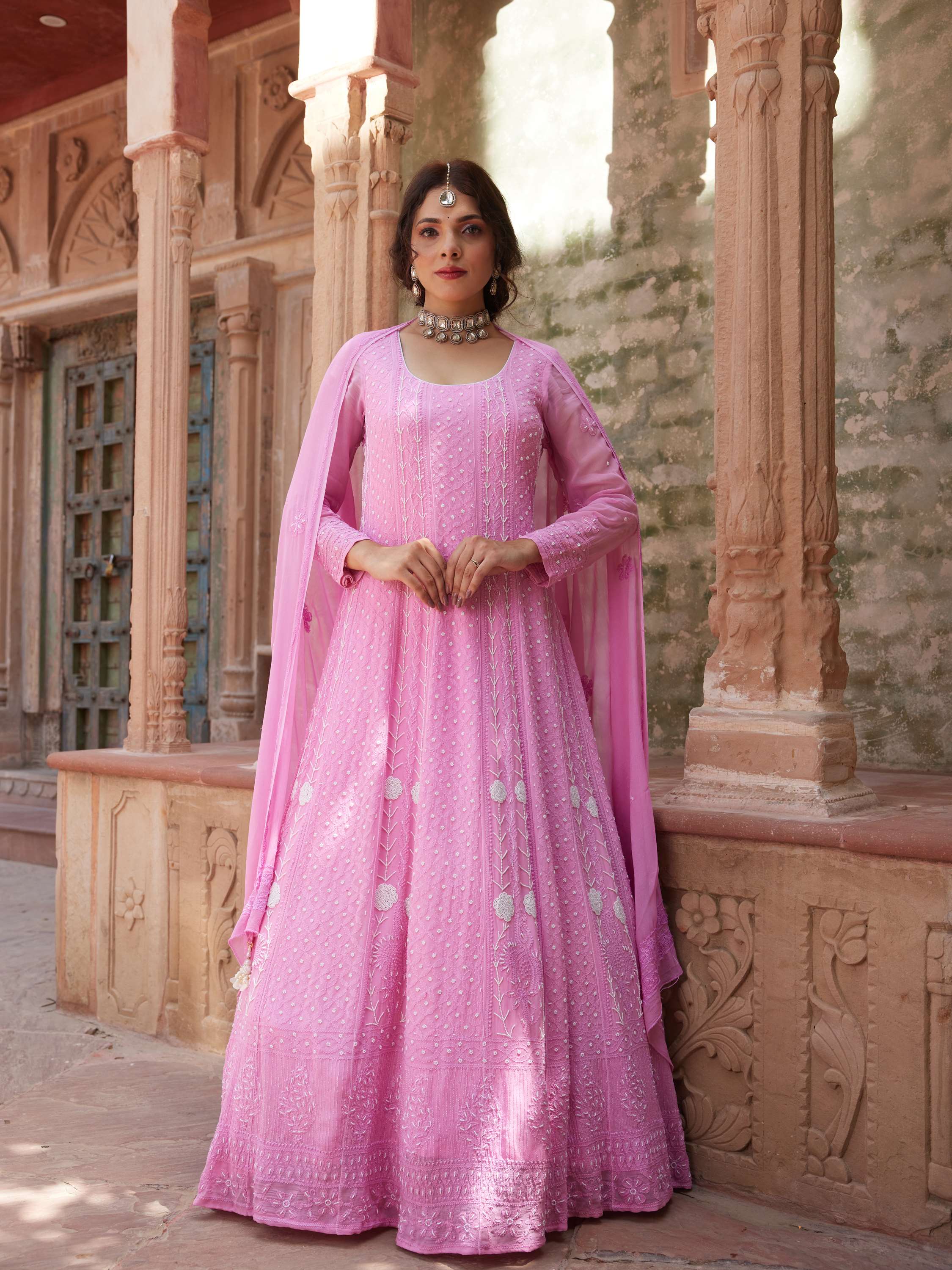 Rose Pink Pearl Chikankari Anarkali Suit