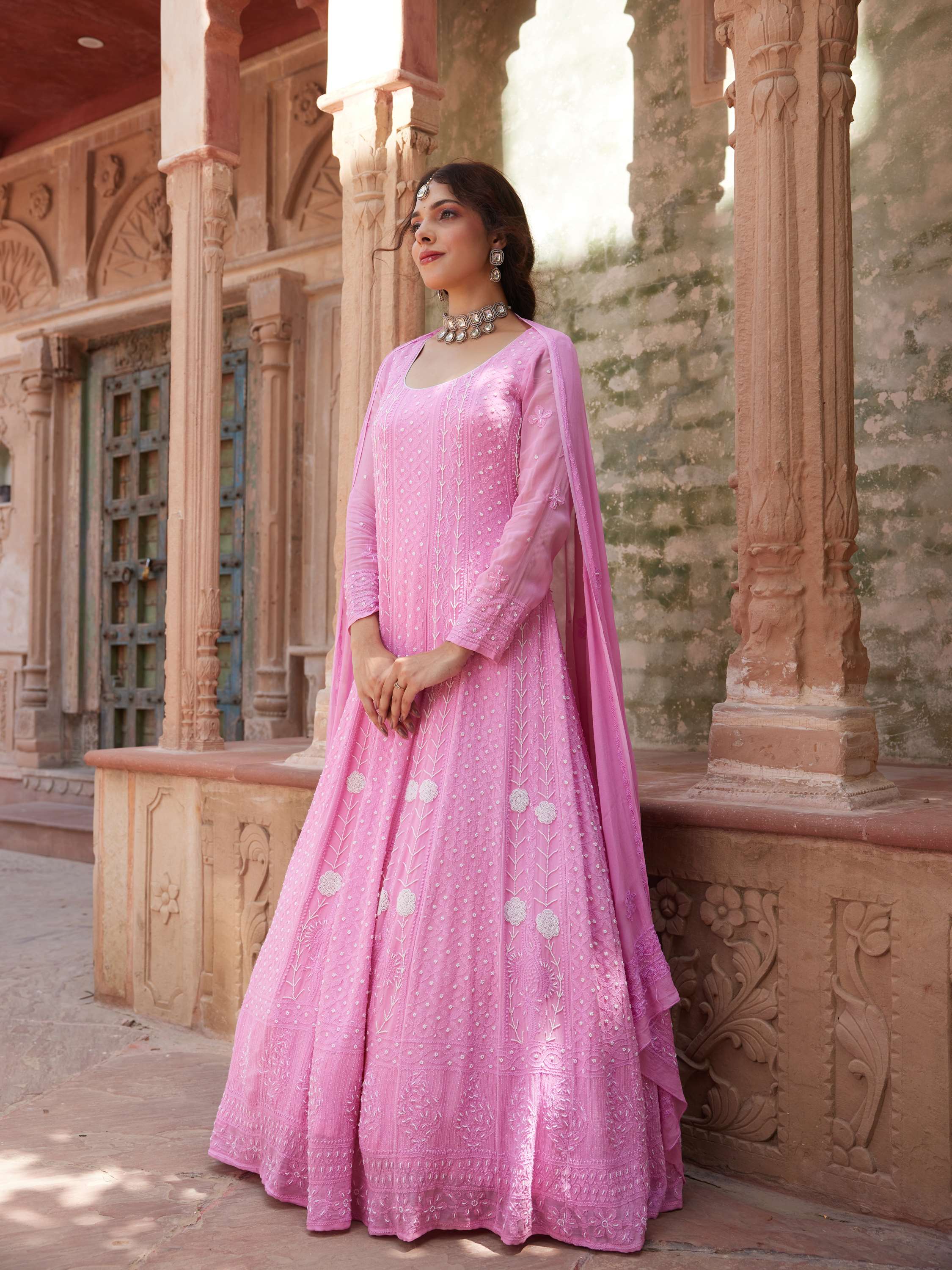 Rose Pink Pearl Chikankari Anarkali Suit