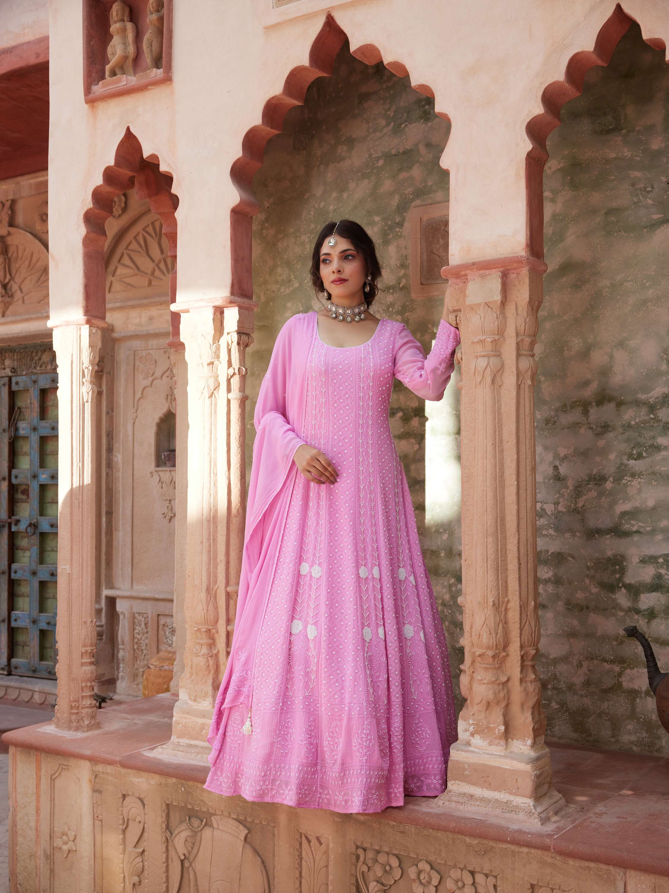 Rose Pink Pearl Chikankari Anarkali Suit