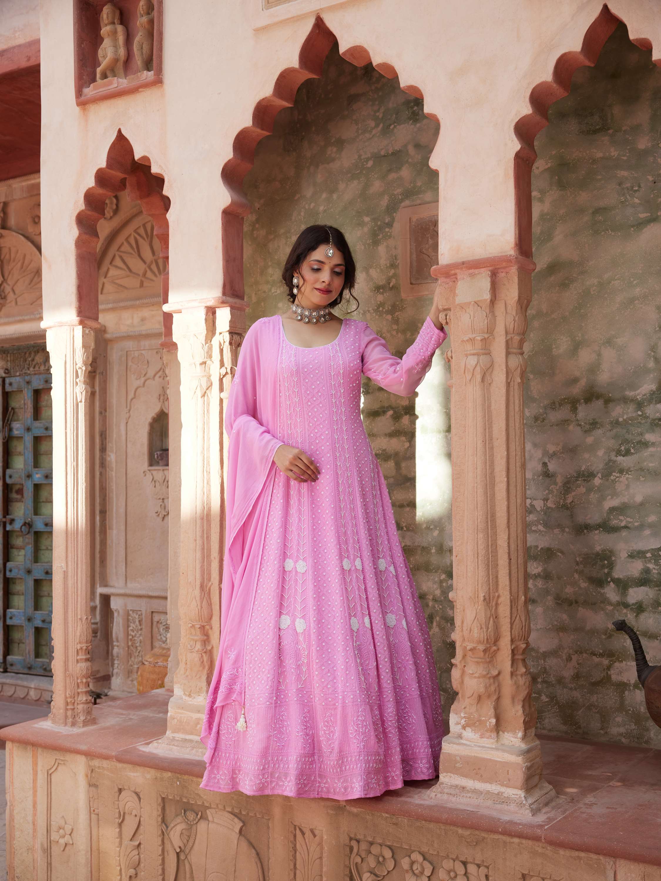 Rose Pink Pearl Chikankari Anarkali Suit