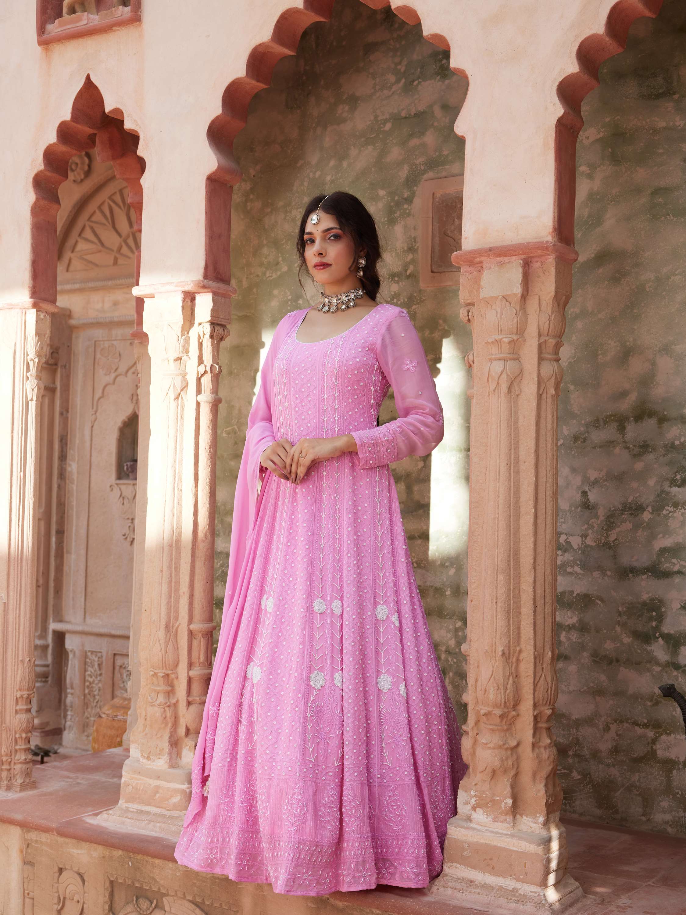 Rose Pink Pearl Chikankari Anarkali Suit