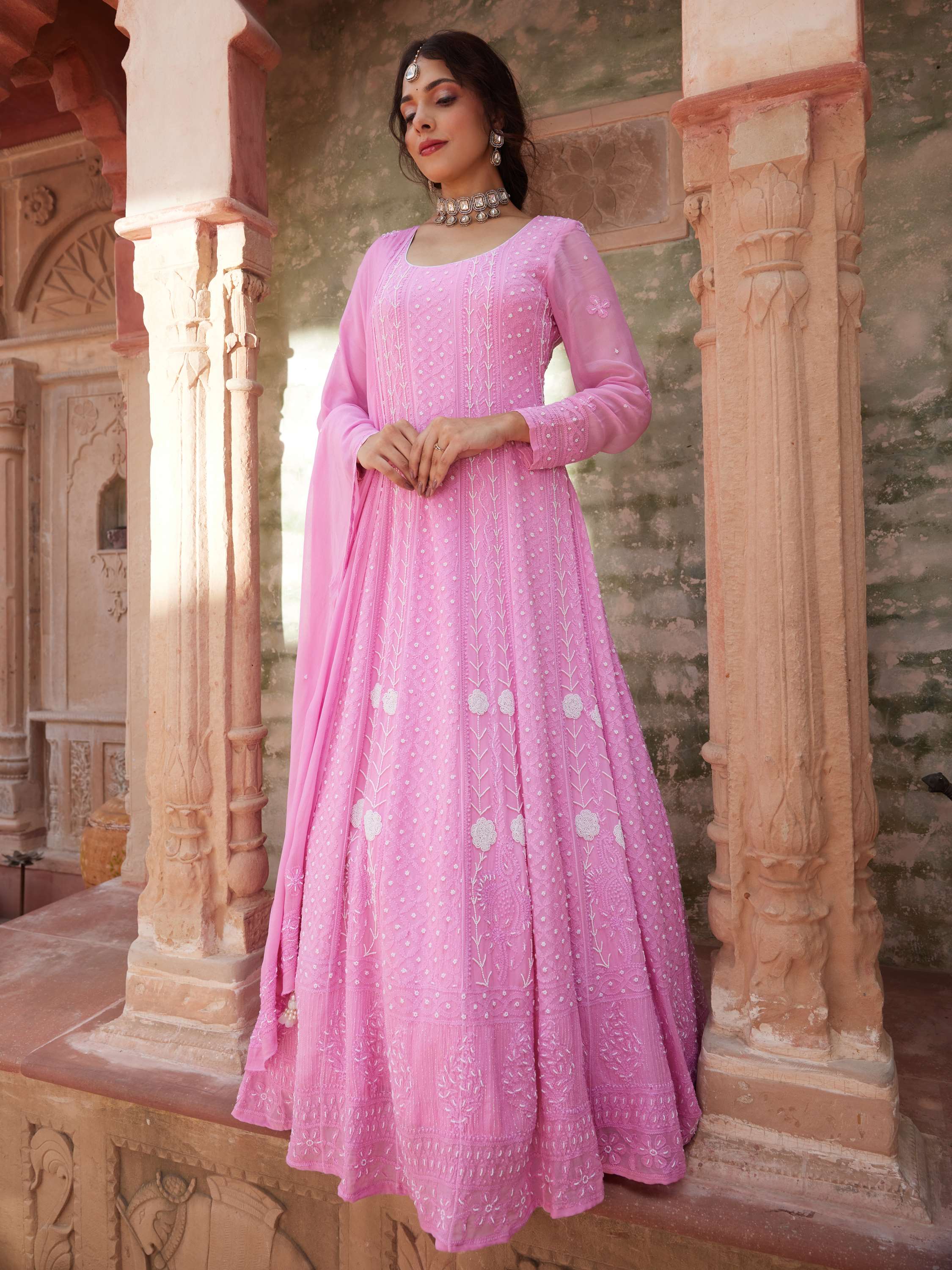 Rose Pink Pearl Chikankari Anarkali Suit