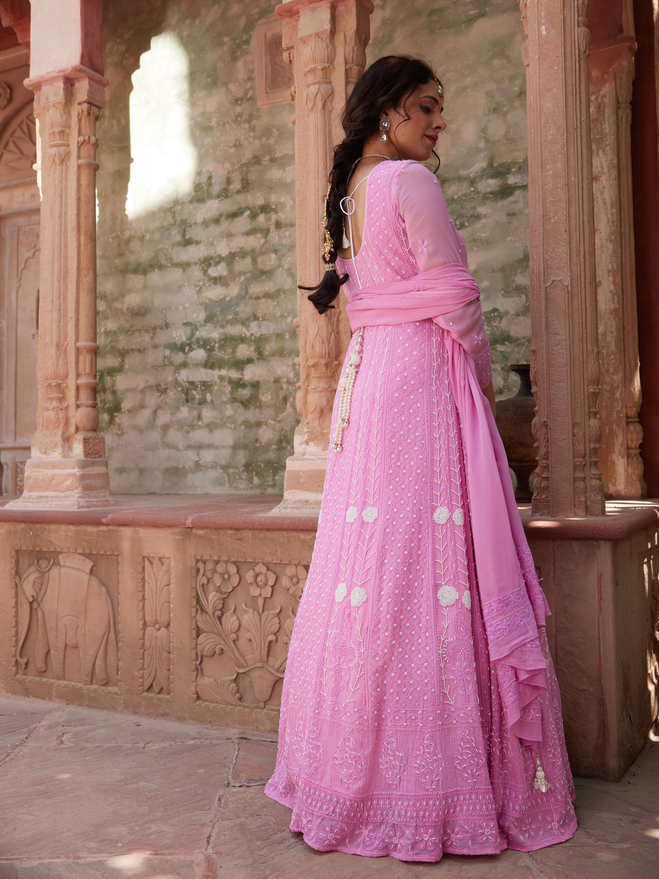 Rose Pink Pearl Chikankari Anarkali Suit