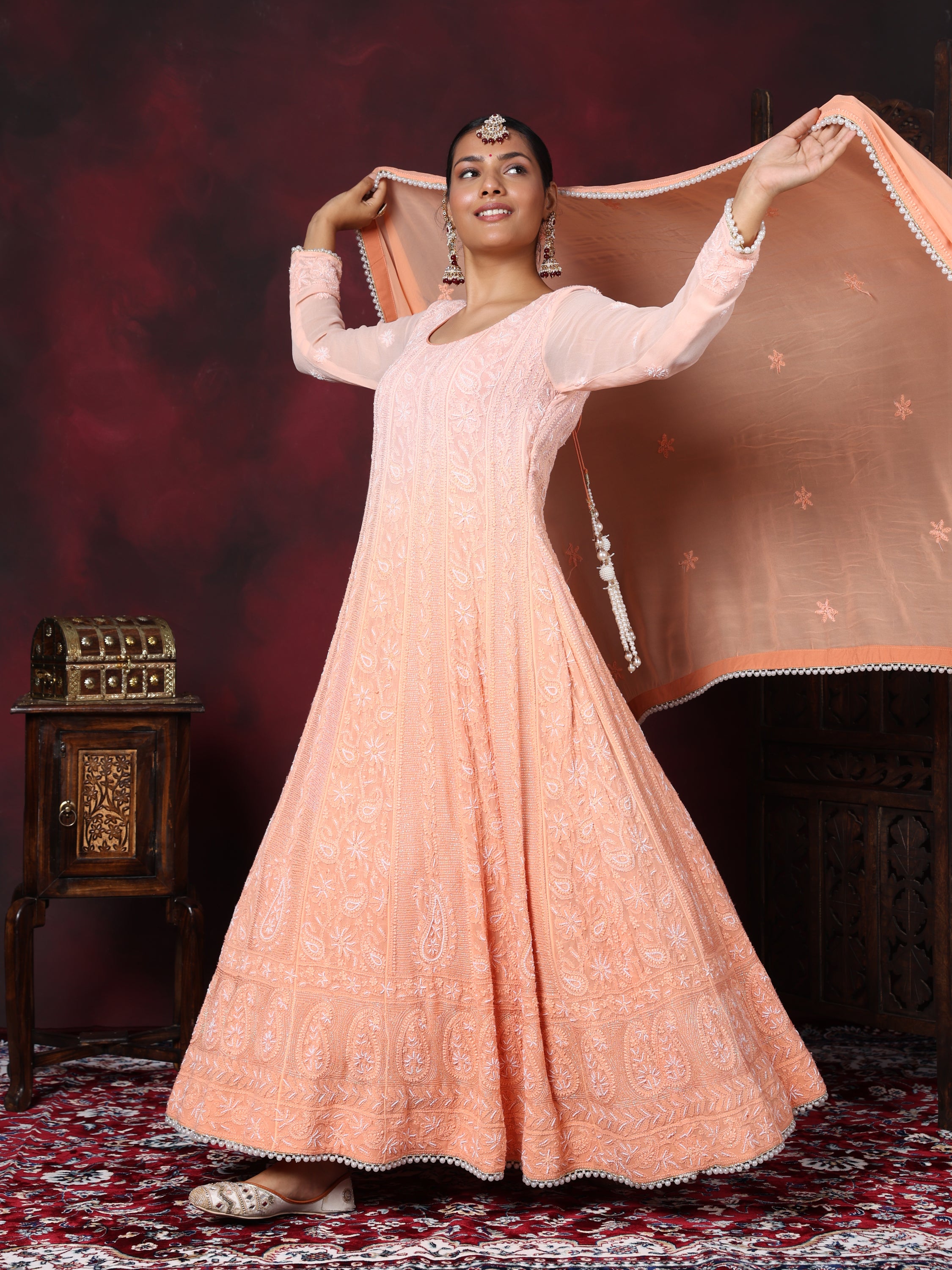 Apricot Peach Pearl Handwork Chikankari Anarkali Suit