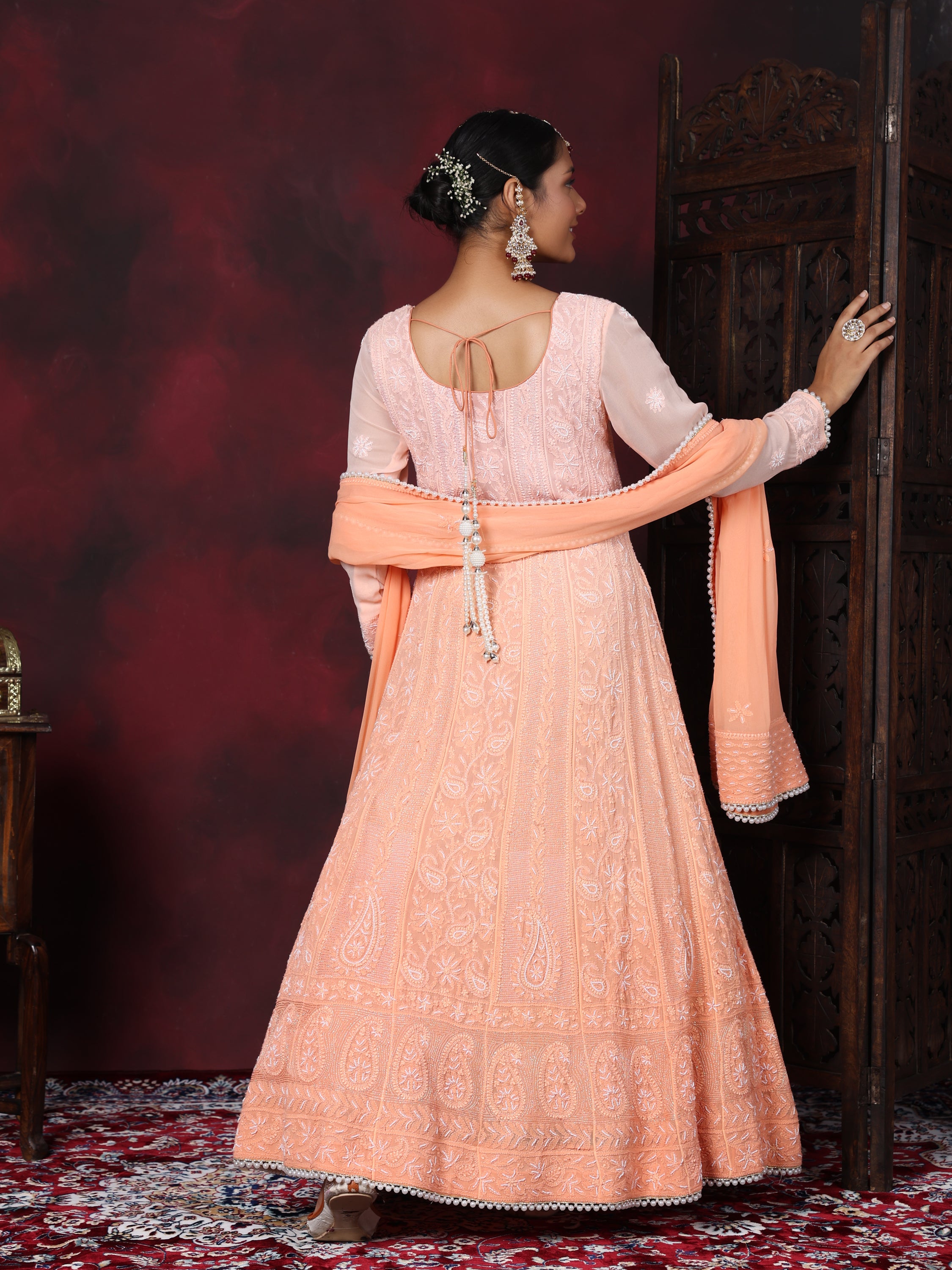 Apricot Peach Pearl Handwork Chikankari Anarkali Suit