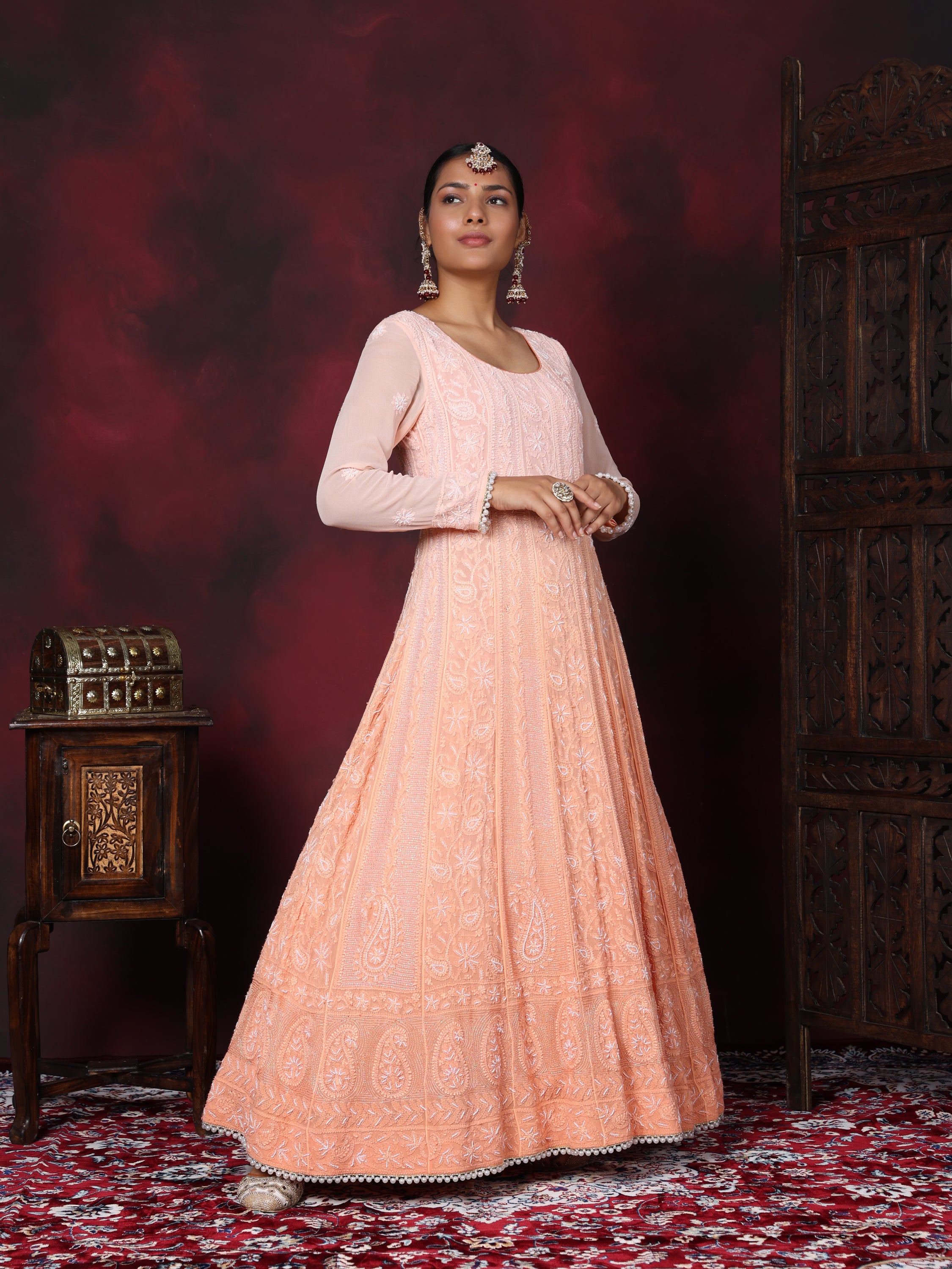 Apricot Peach Pearl Handwork Chikankari Anarkali Suit