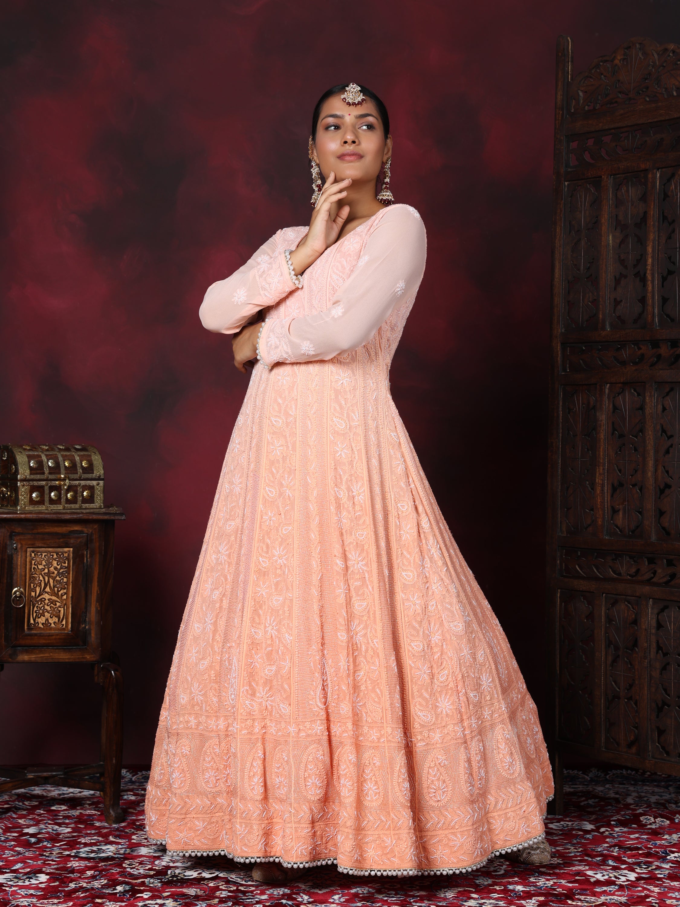 Apricot Peach Pearl Handwork Chikankari Anarkali Suit
