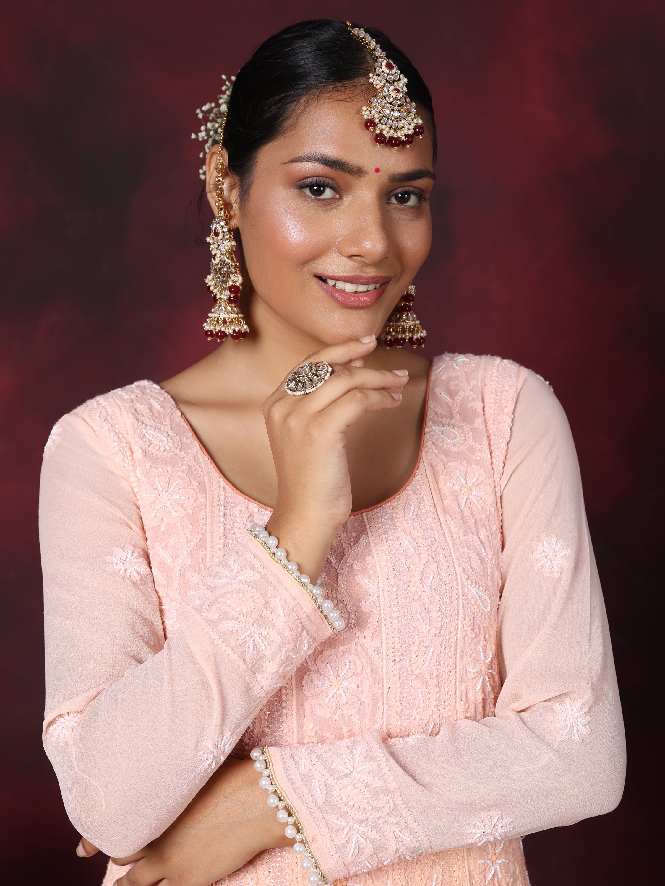 Apricot Peach Pearl Handwork Chikankari Anarkali Suit