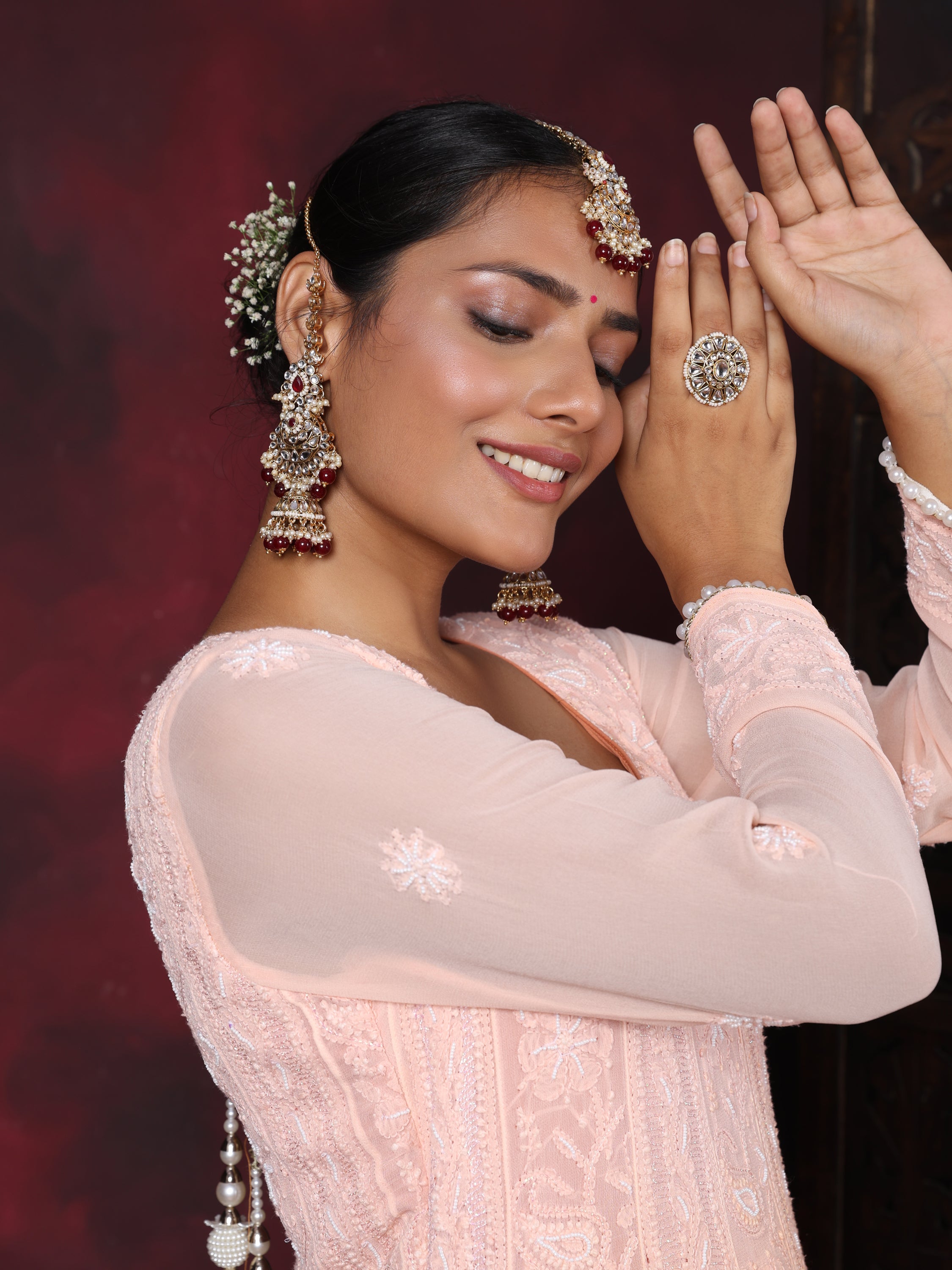 Apricot Peach Pearl Handwork Chikankari Anarkali Suit