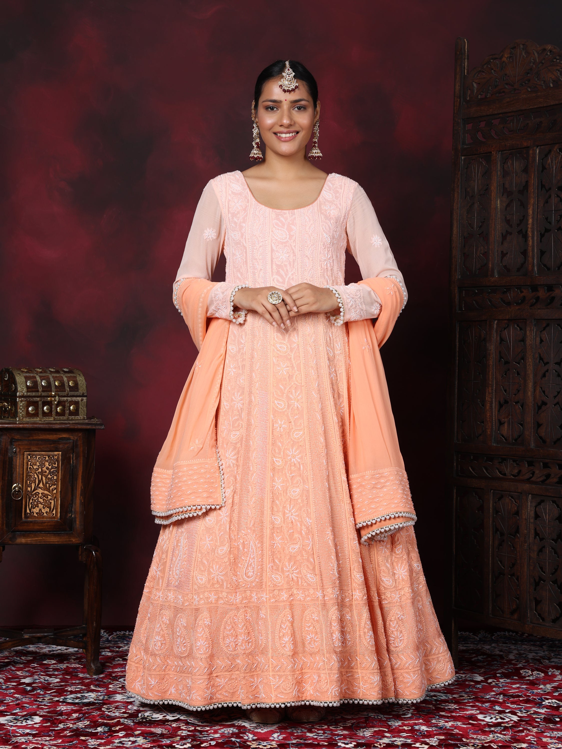 Apricot Peach Pearl Handwork Chikankari Anarkali Suit