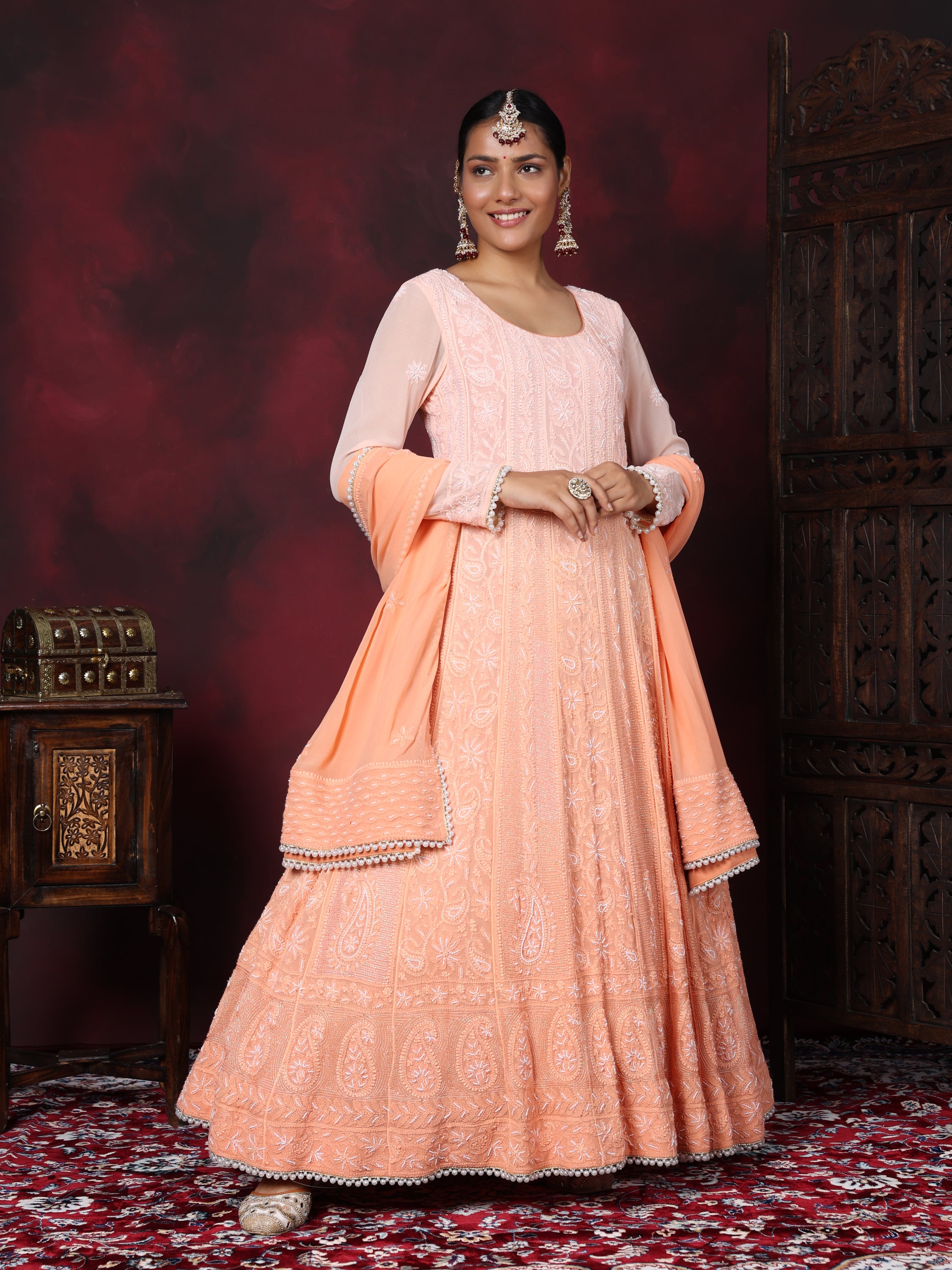 Apricot Peach Pearl Handwork Chikankari Anarkali Suit