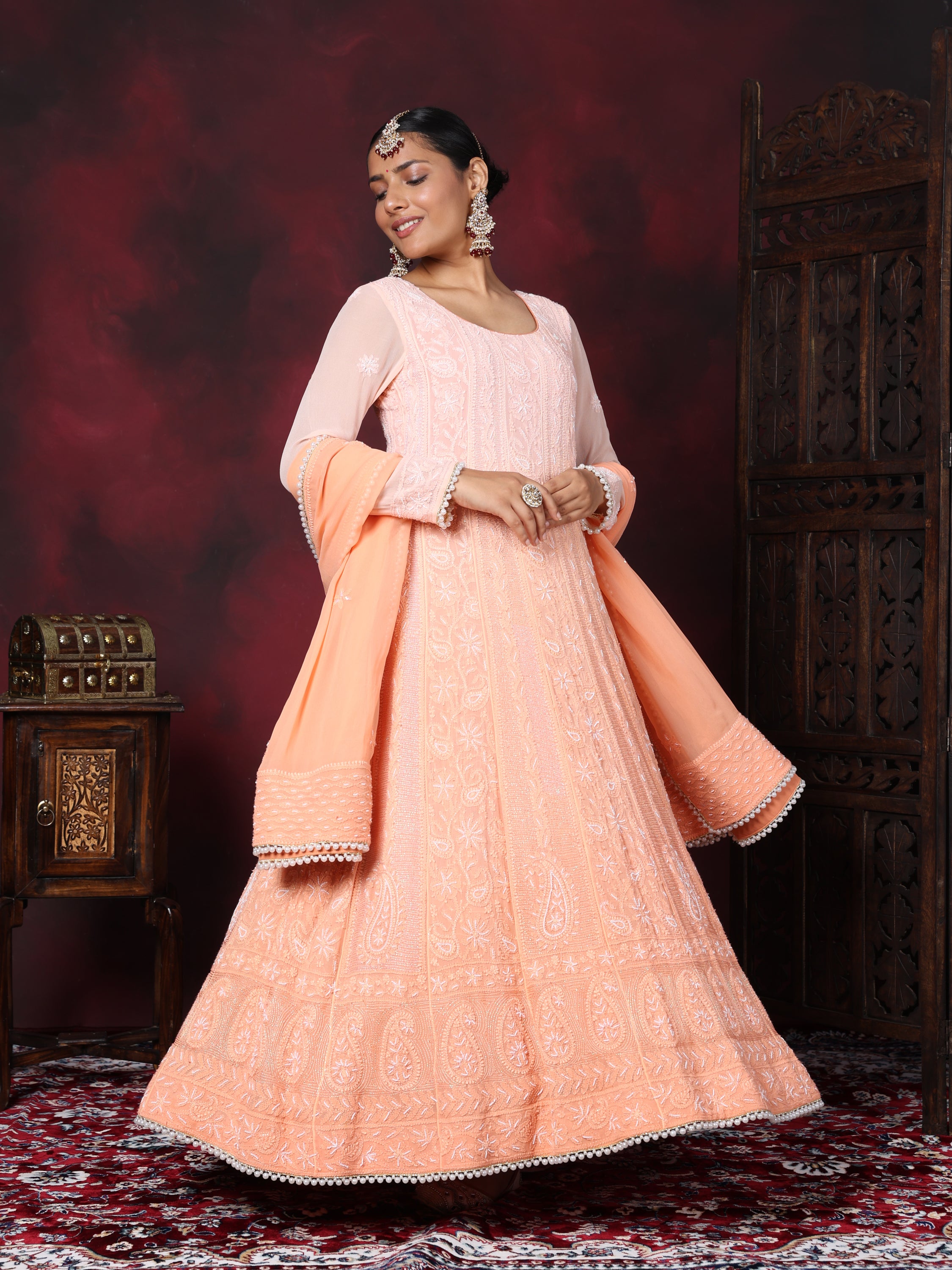 Apricot Peach Pearl Handwork Chikankari Anarkali Suit