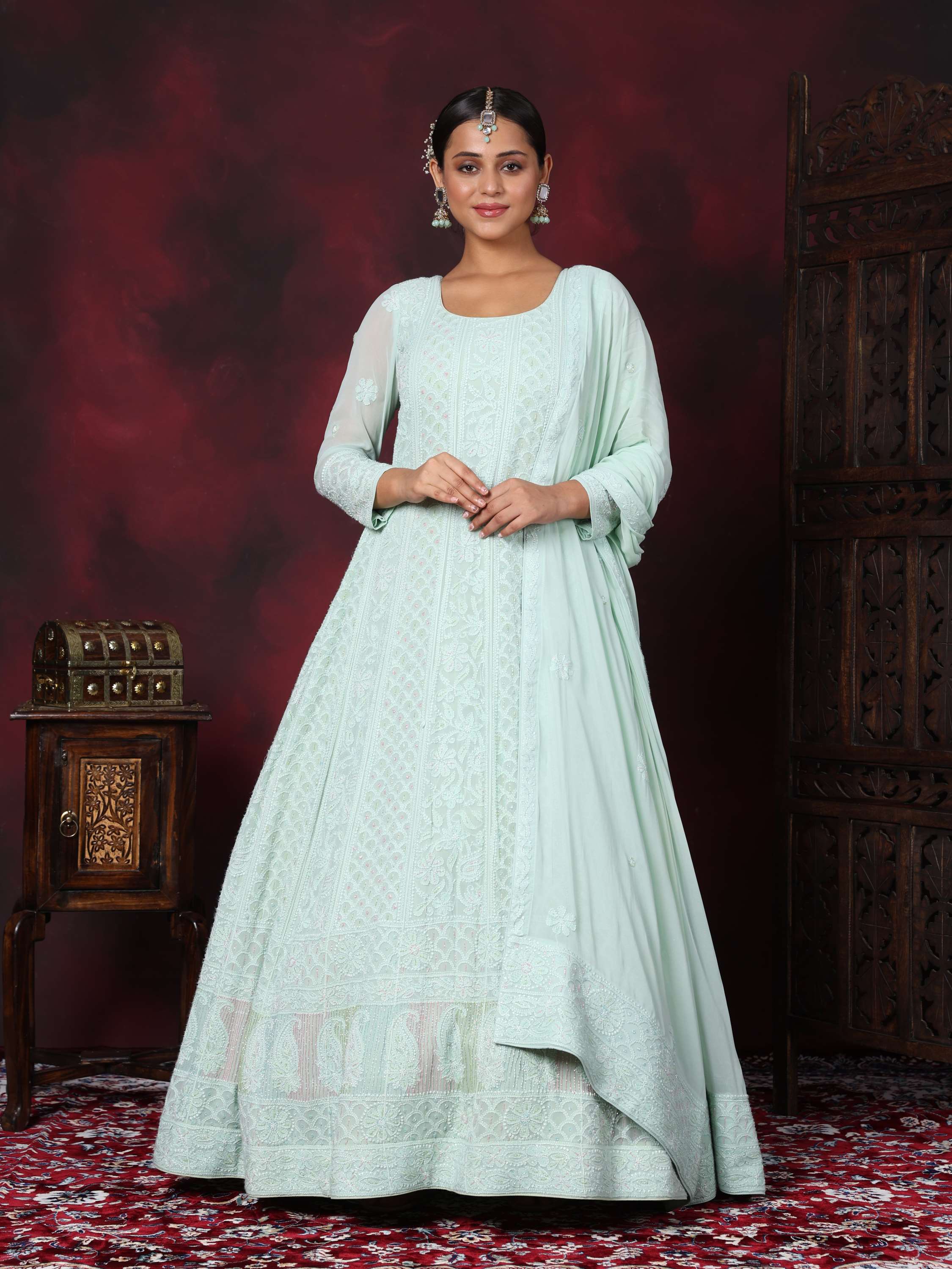 Cyan Designer Chikankari Pearl Anarkali Suit