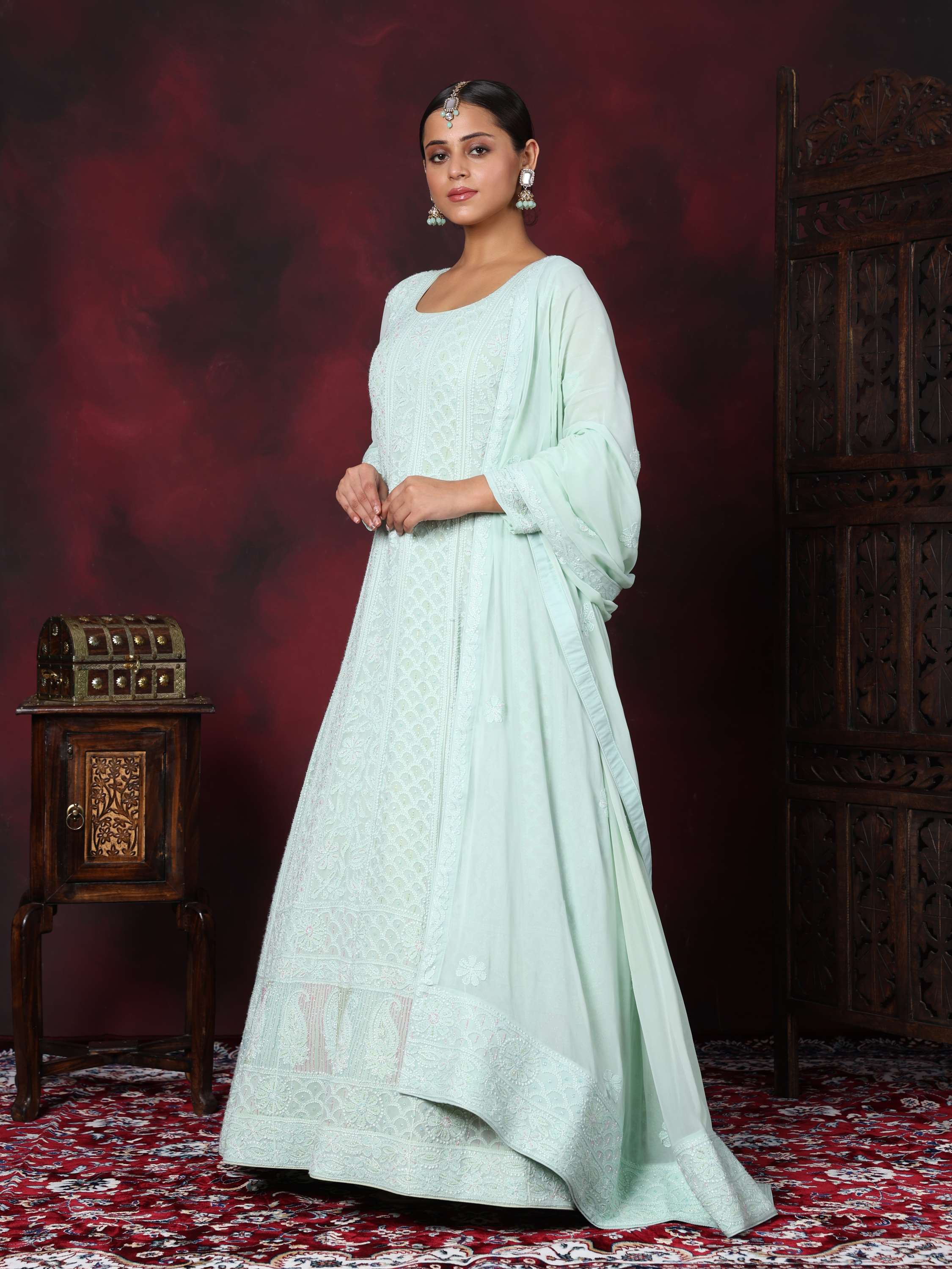 Cyan Designer Chikankari Pearl Anarkali Suit
