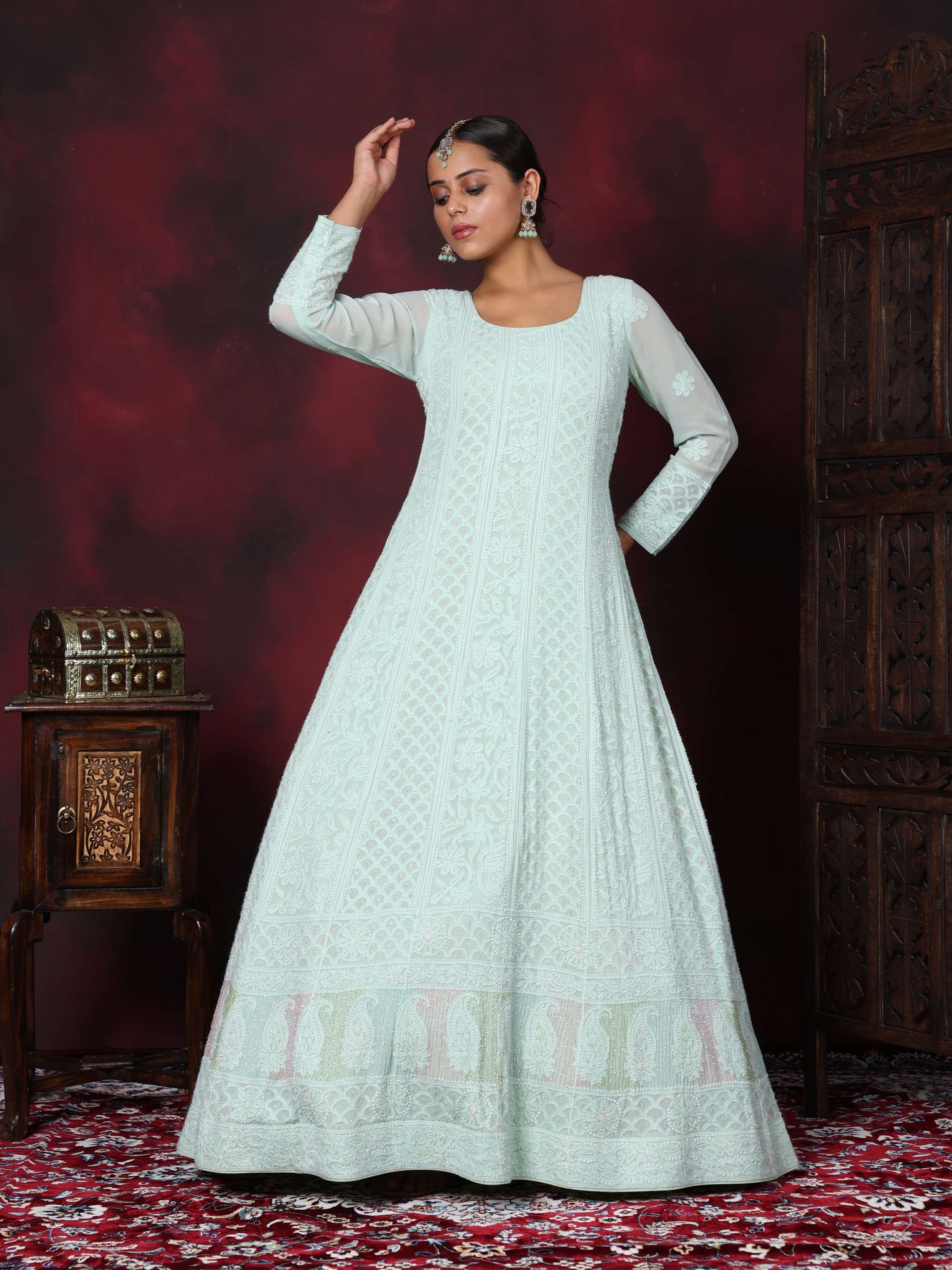 Cyan Designer Chikankari Pearl Anarkali Suit