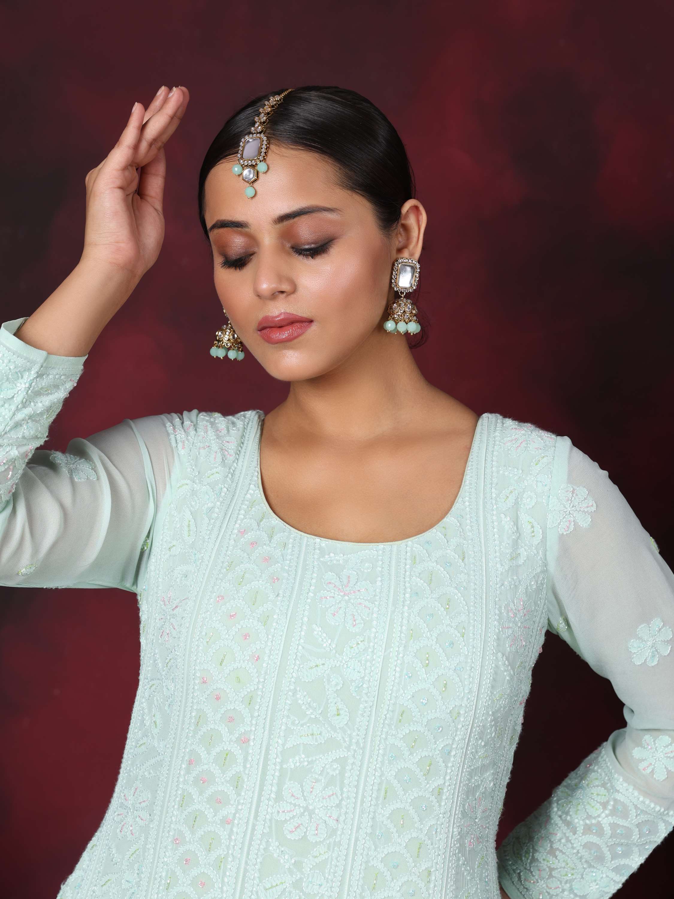 Cyan Designer Chikankari Pearl Anarkali Suit