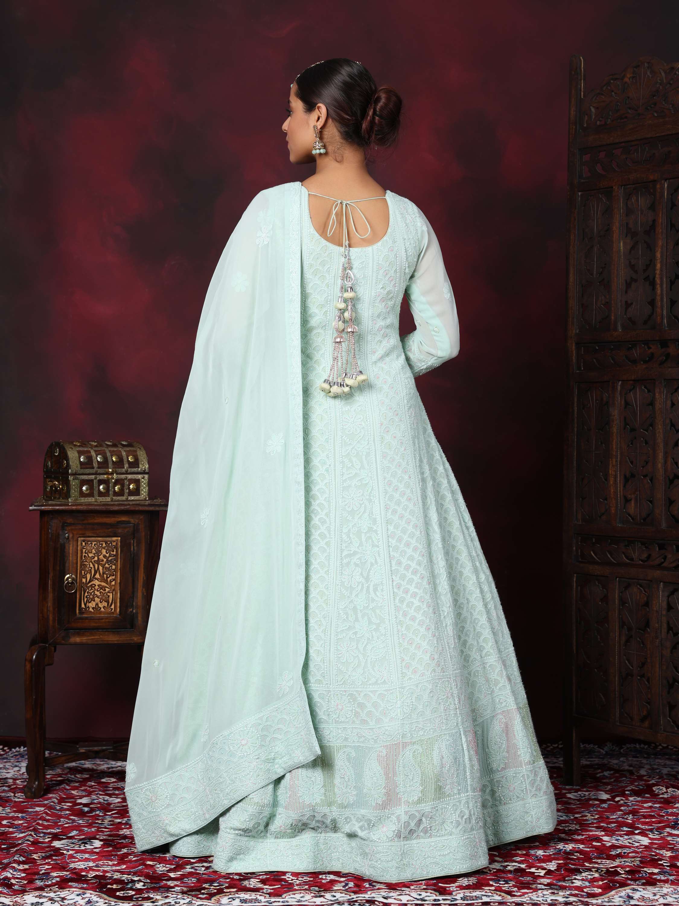Cyan Designer Chikankari Pearl Anarkali Suit