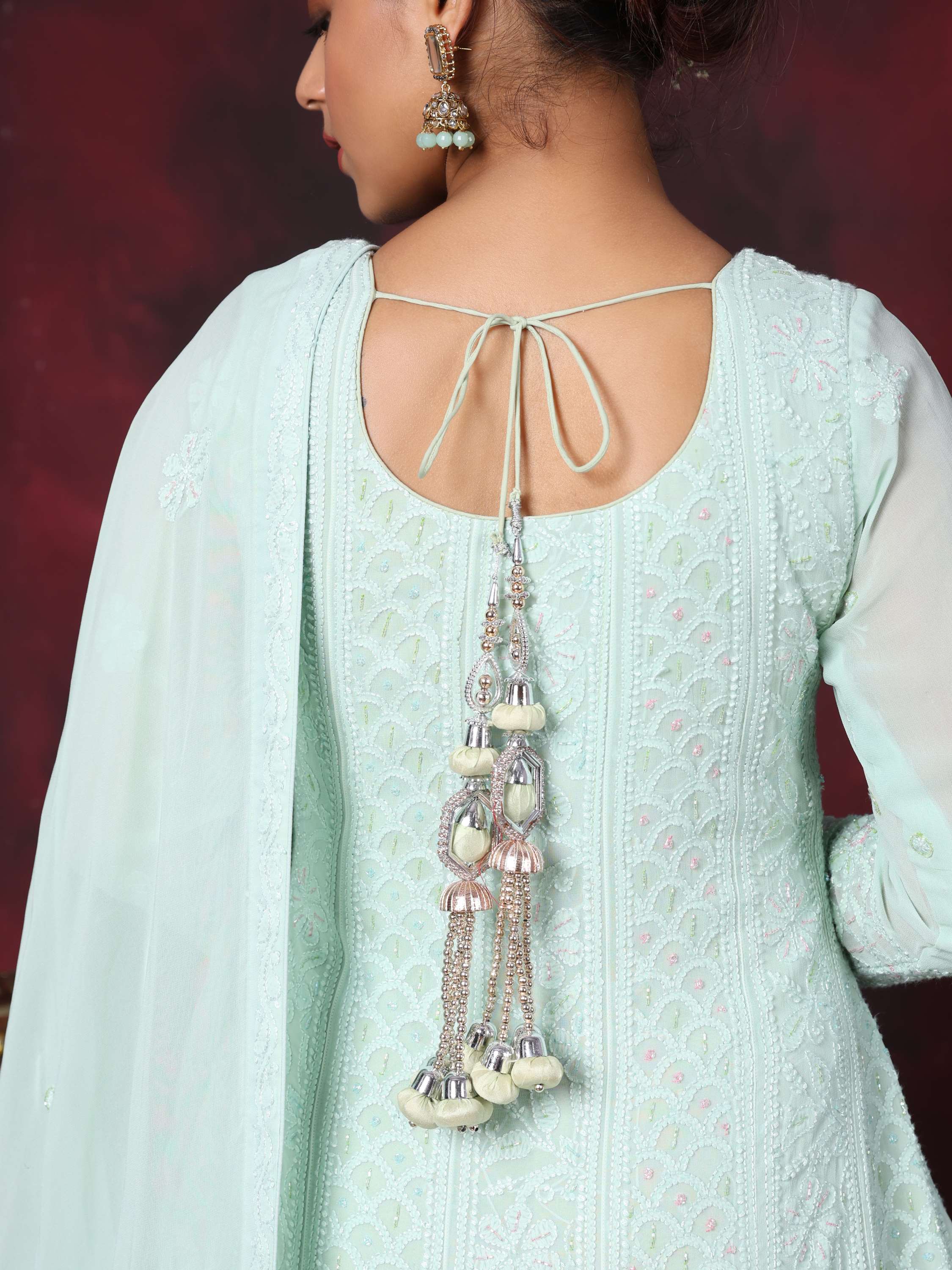 Cyan Designer Chikankari Pearl Anarkali Suit