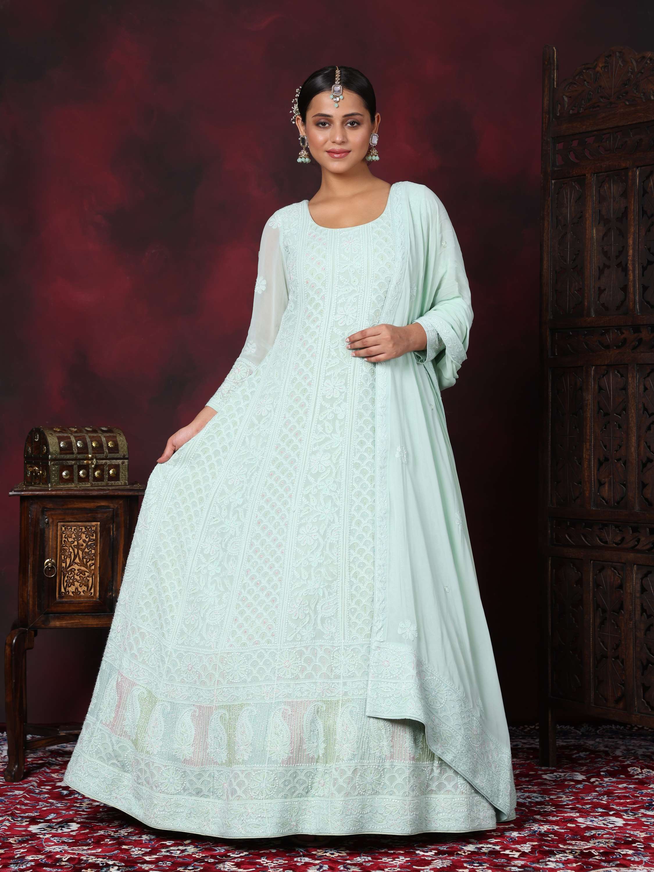 Cyan Designer Chikankari Pearl Anarkali Suit