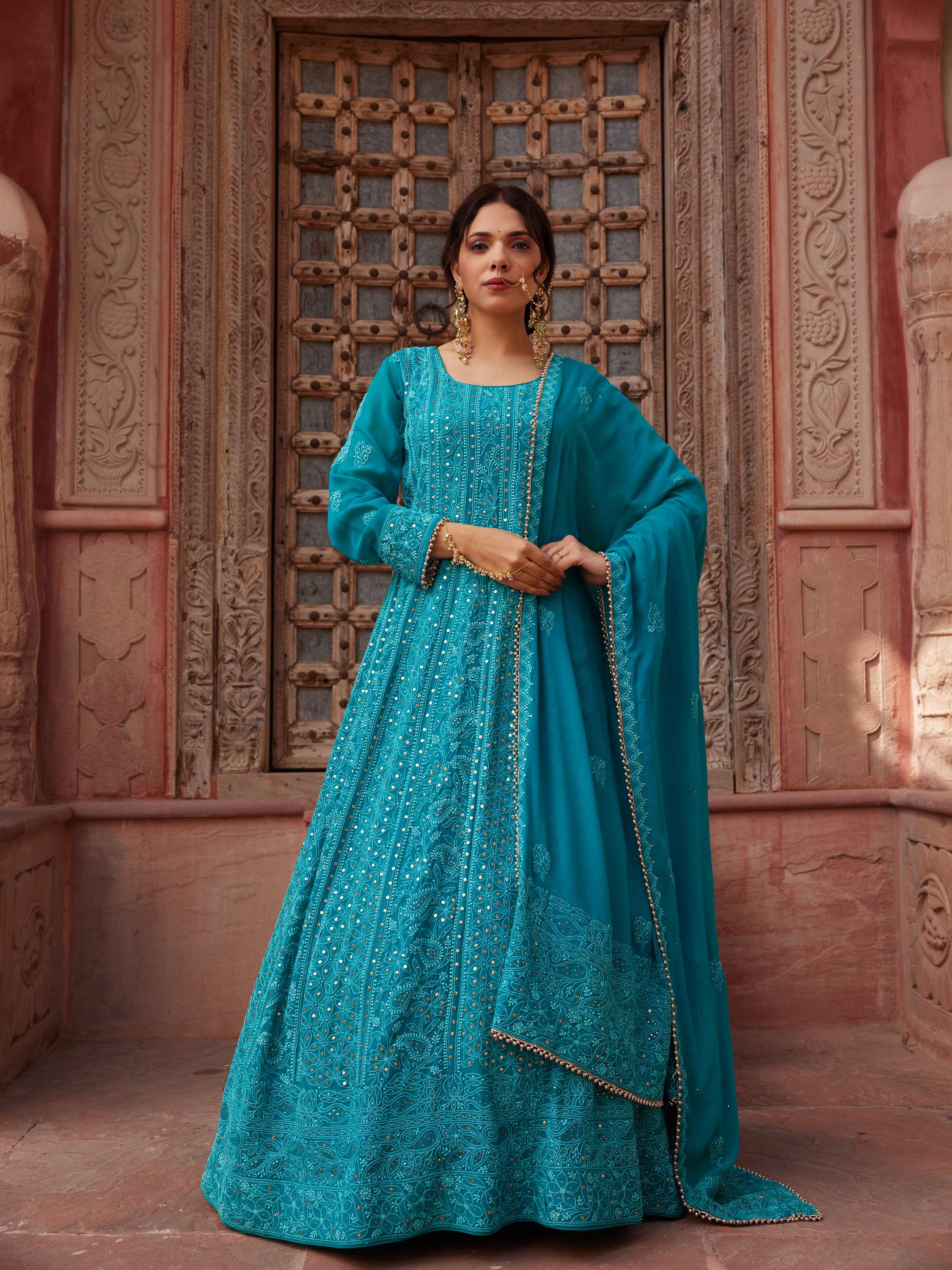 Cerulean Blue Kamdani & Mukaish Chikankari Handwork Anarkali Suit
