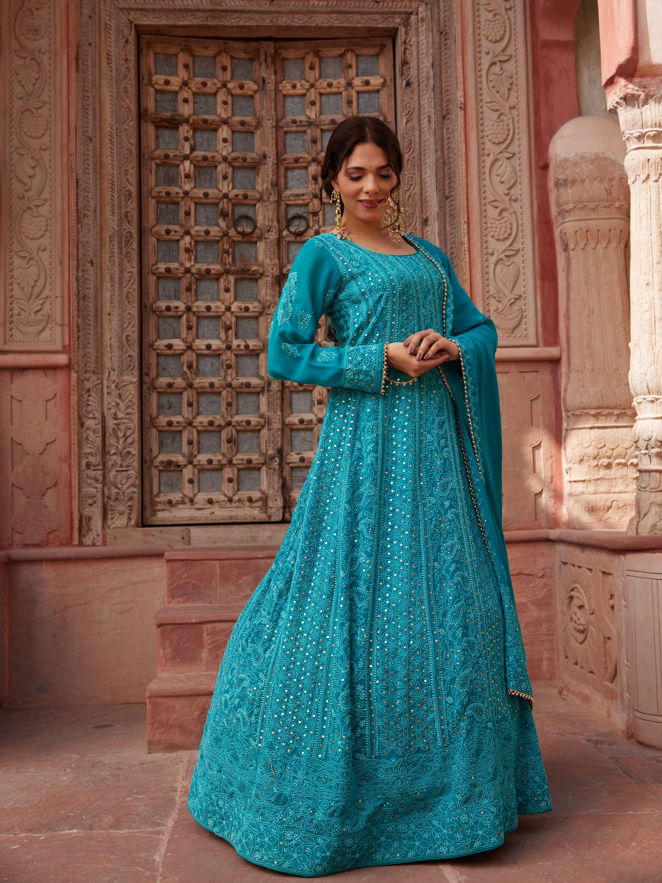 Cerulean Blue Kamdani & Mukaish Chikankari Handwork Anarkali Suit
