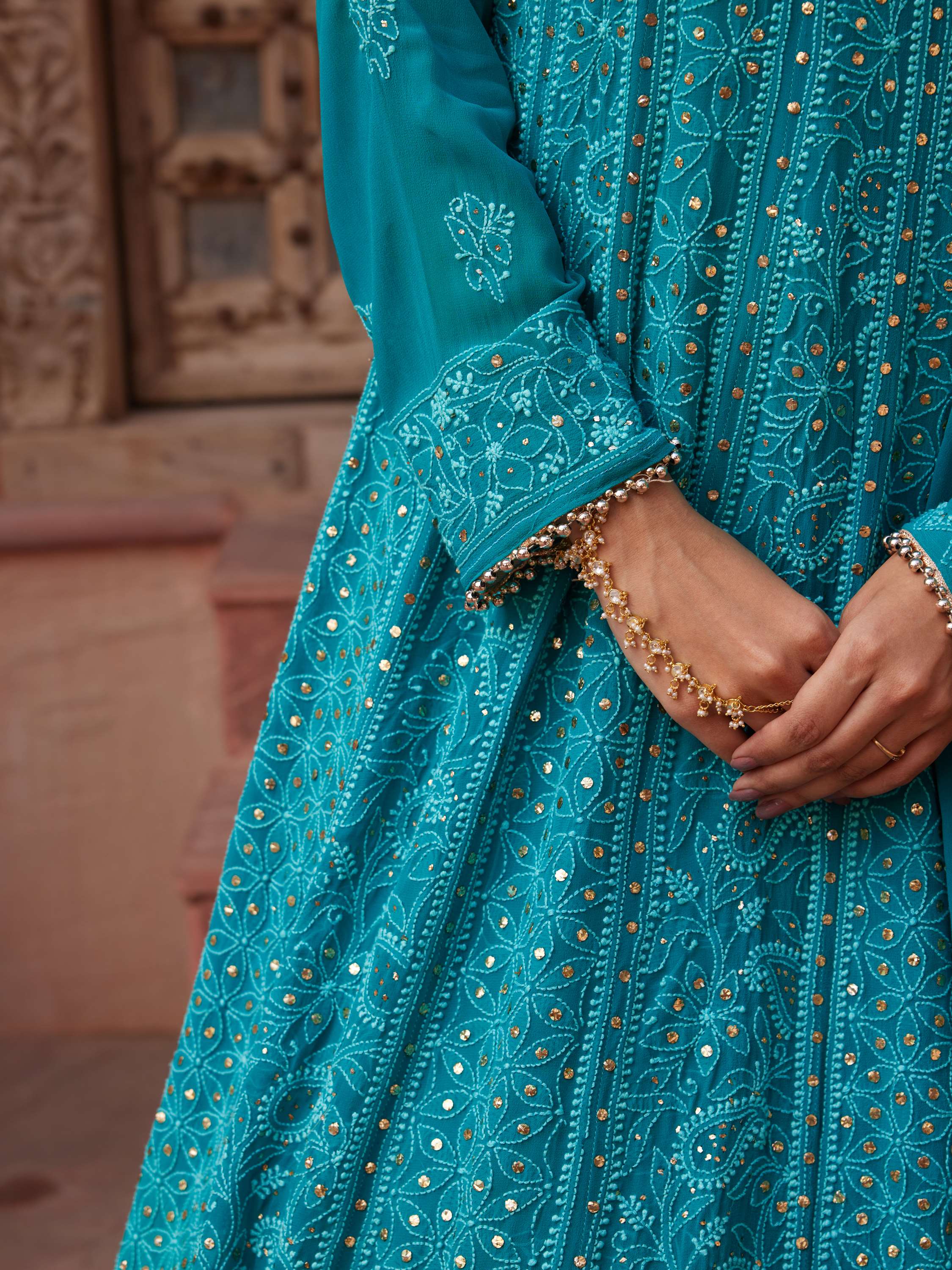 Cerulean Blue Kamdani & Mukaish Chikankari Handwork Anarkali Suit