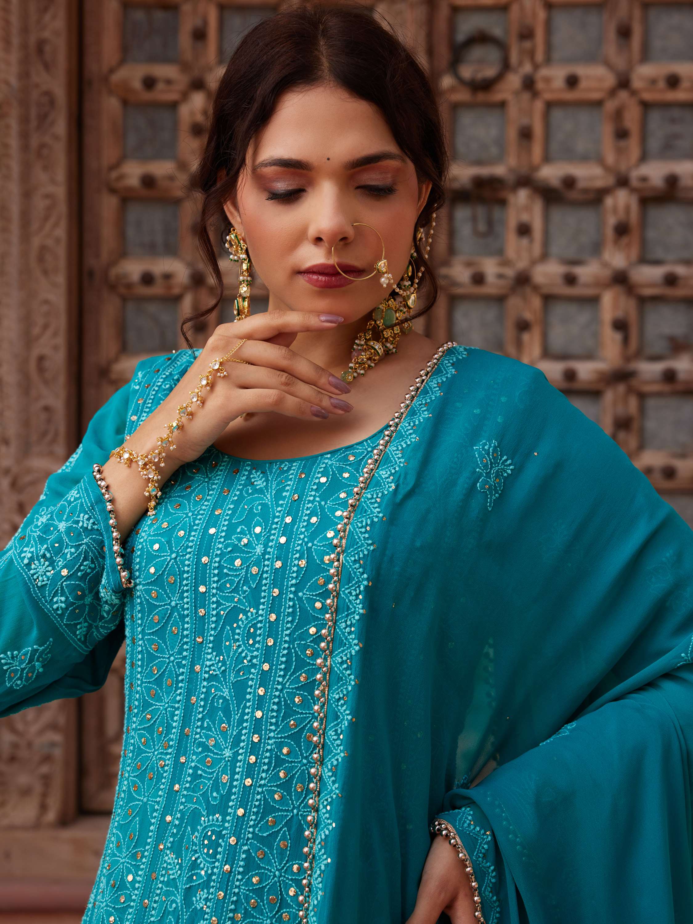 Cerulean Blue Kamdani & Mukaish Chikankari Handwork Anarkali Suit