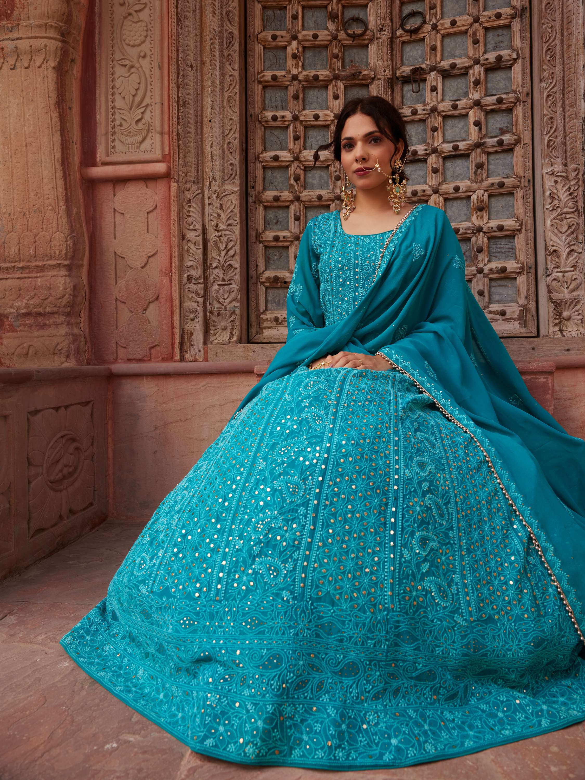 Cerulean Blue Kamdani & Mukaish Chikankari Handwork Anarkali Suit