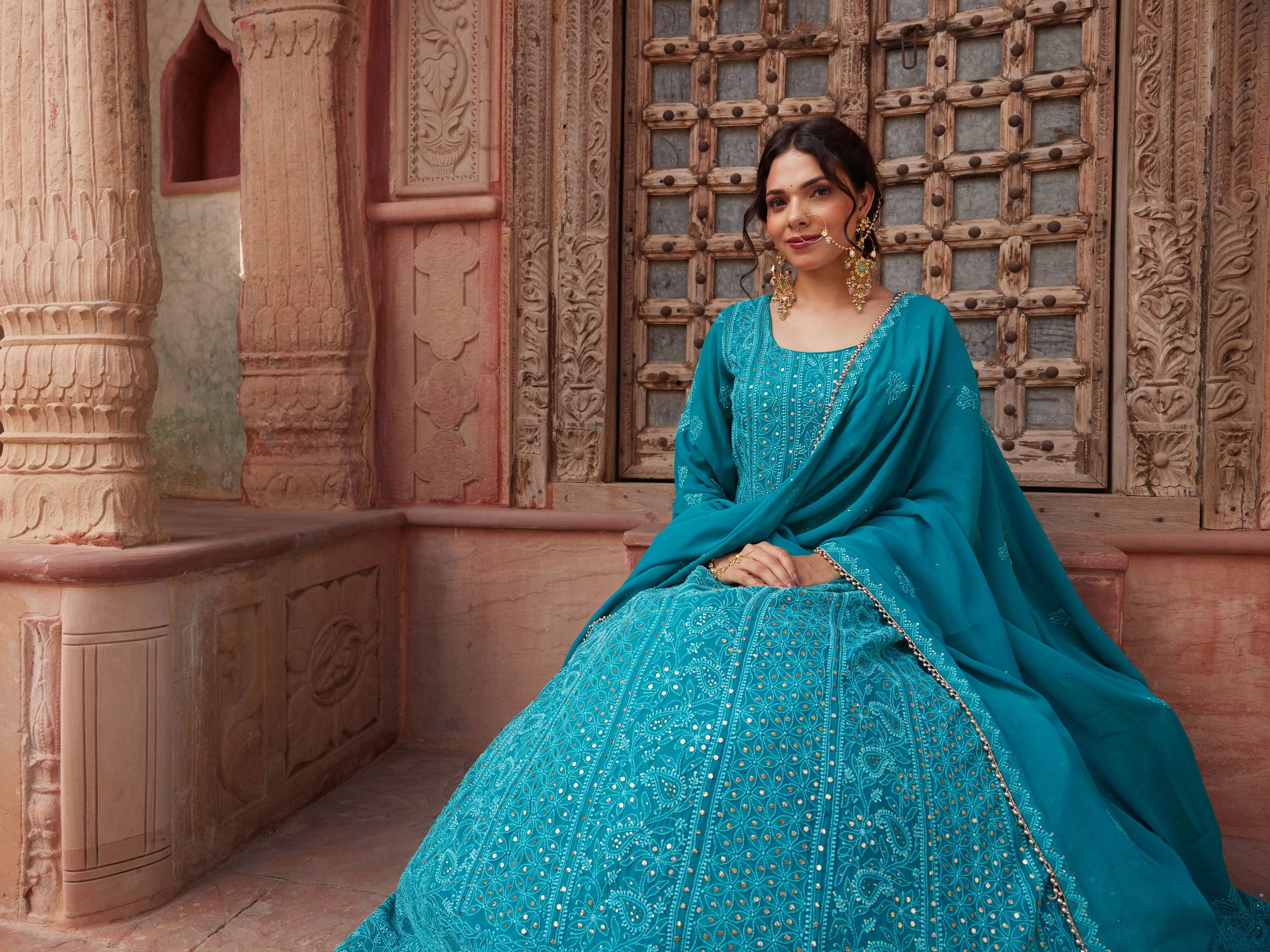Cerulean Blue Kamdani & Mukaish Chikankari Handwork Anarkali Suit