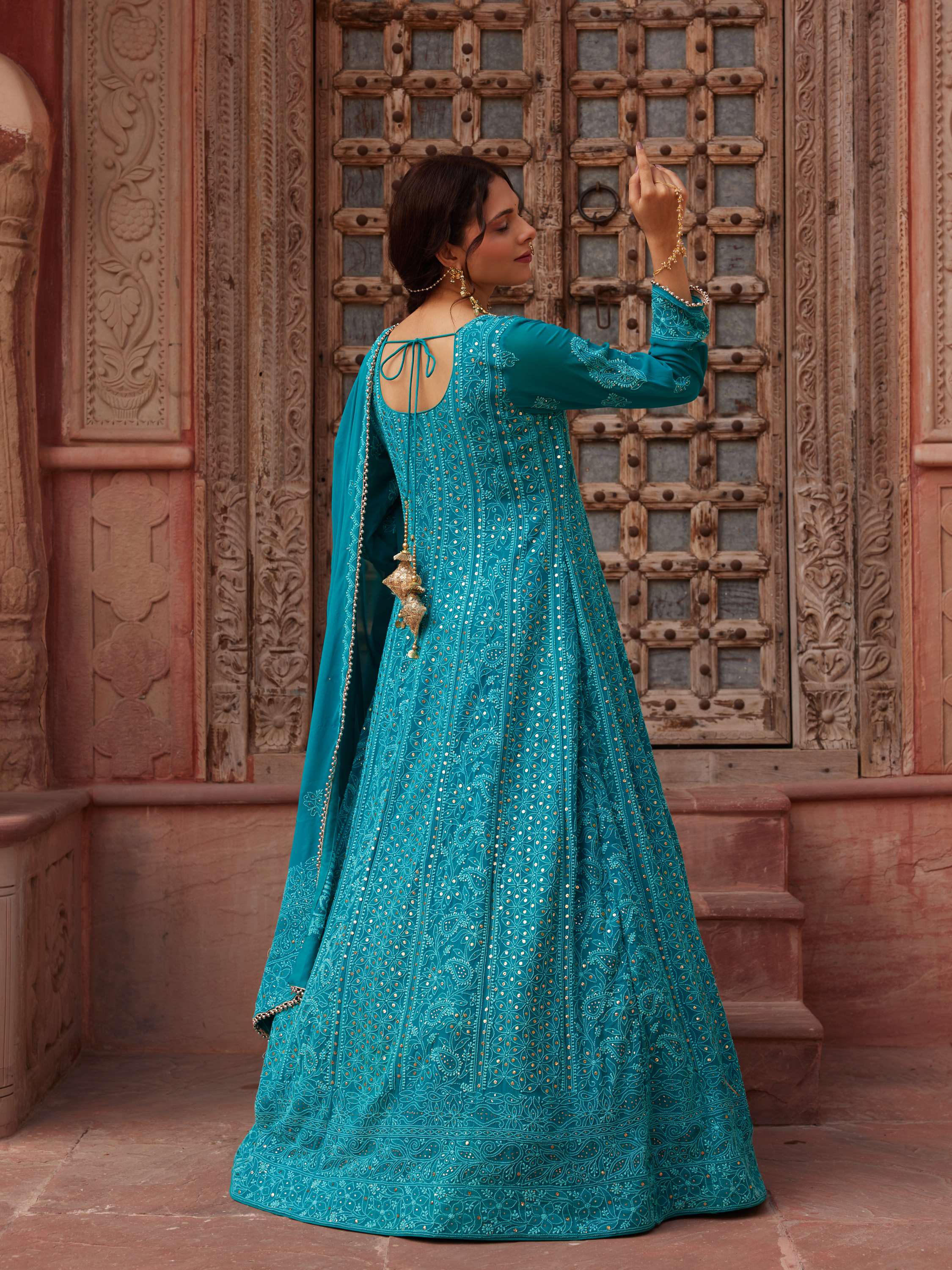 Cerulean Blue Kamdani & Mukaish Chikankari Handwork Anarkali Suit