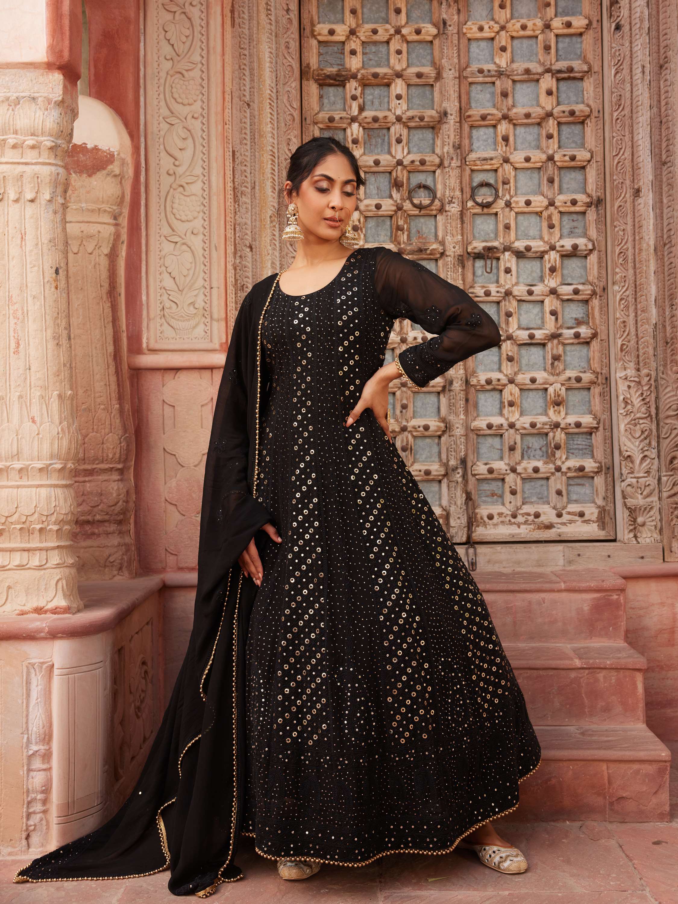 Gold & Black Mukaish Chikankari 3 Piece Anarkali Gown