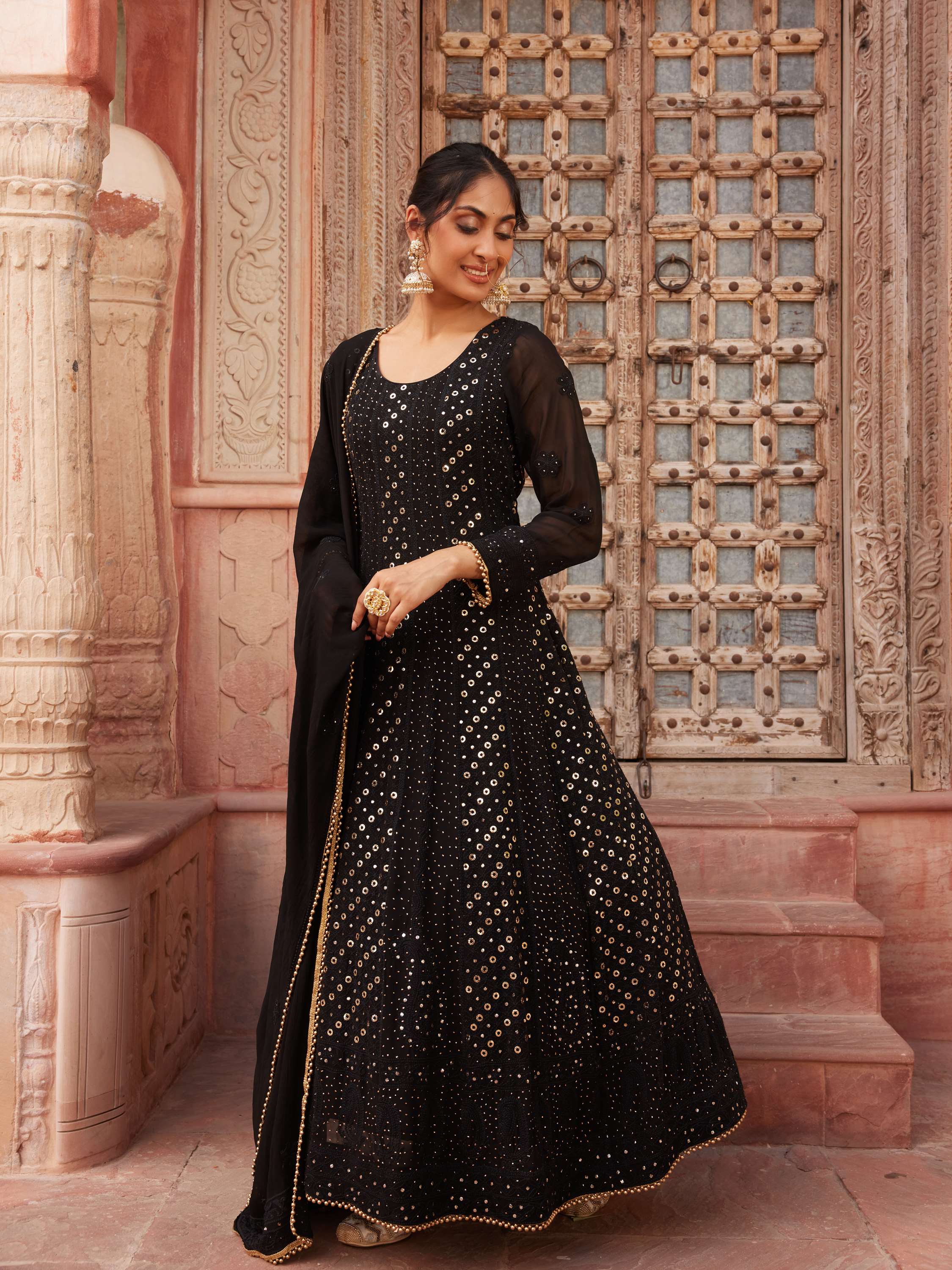 Gold & Black Mukaish Chikankari 3 Piece Anarkali Gown