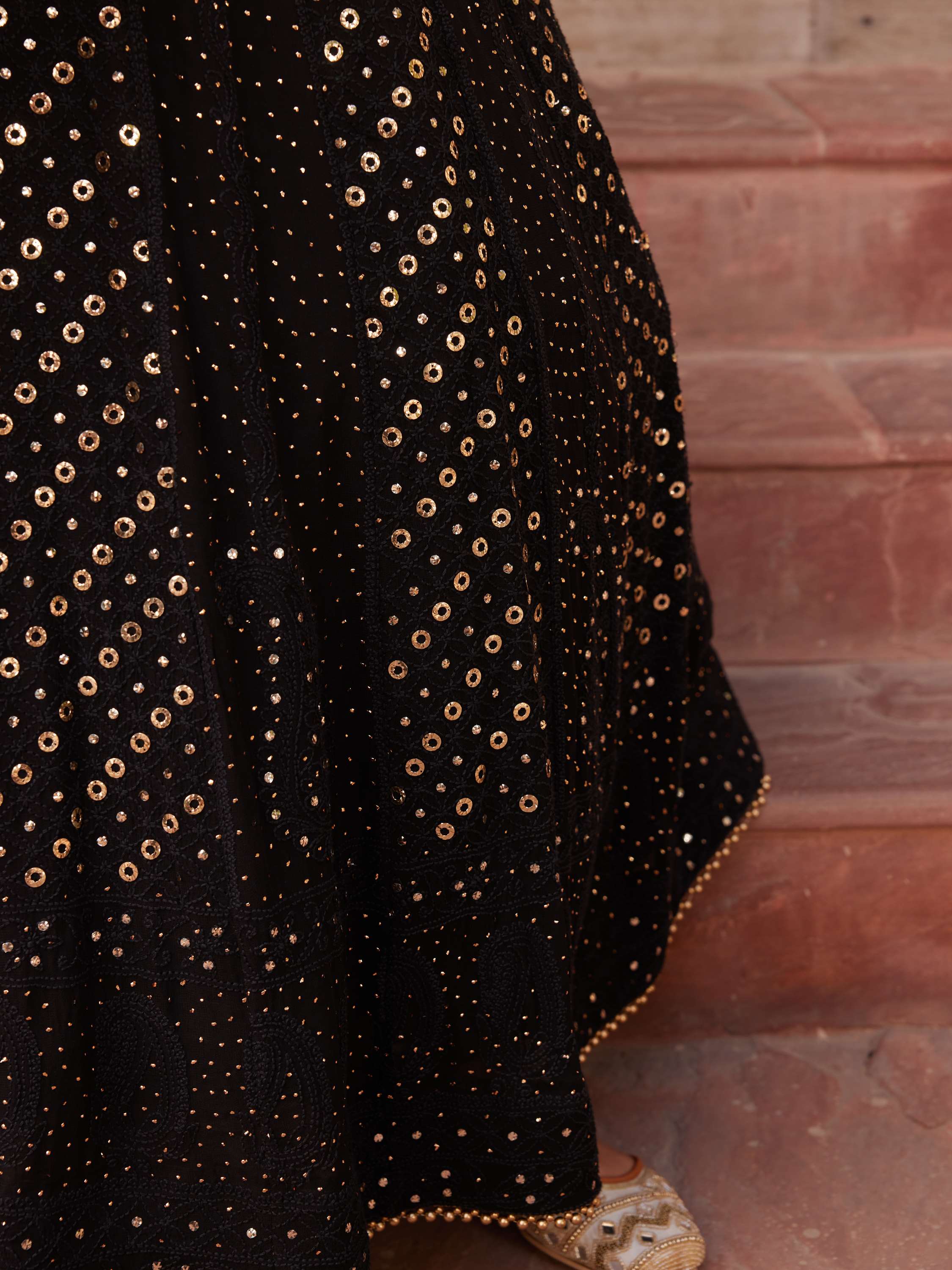 Gold & Black Mukaish Chikankari 3 Piece Anarkali Gown