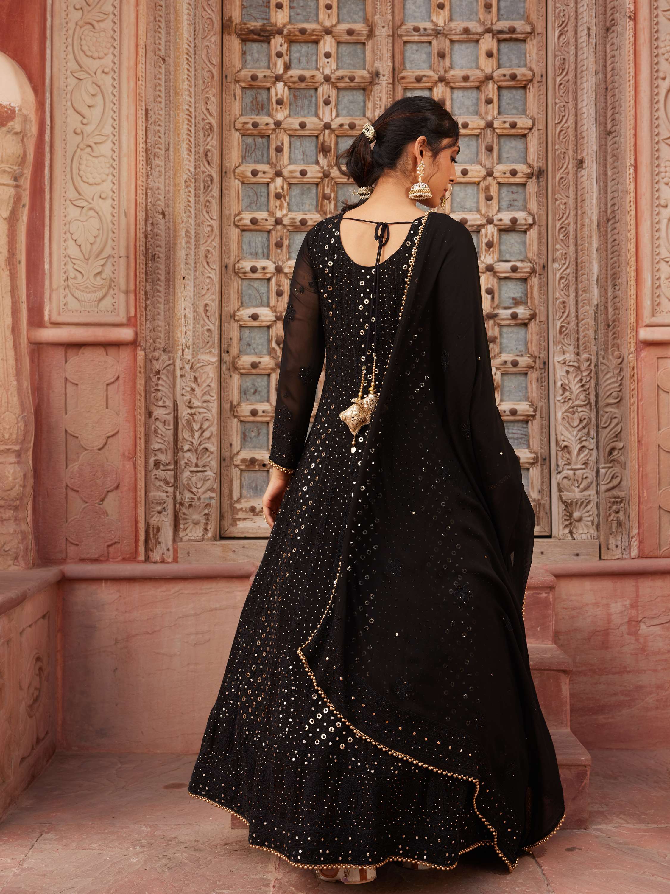 Gold & Black Mukaish Chikankari 3 Piece Anarkali Gown
