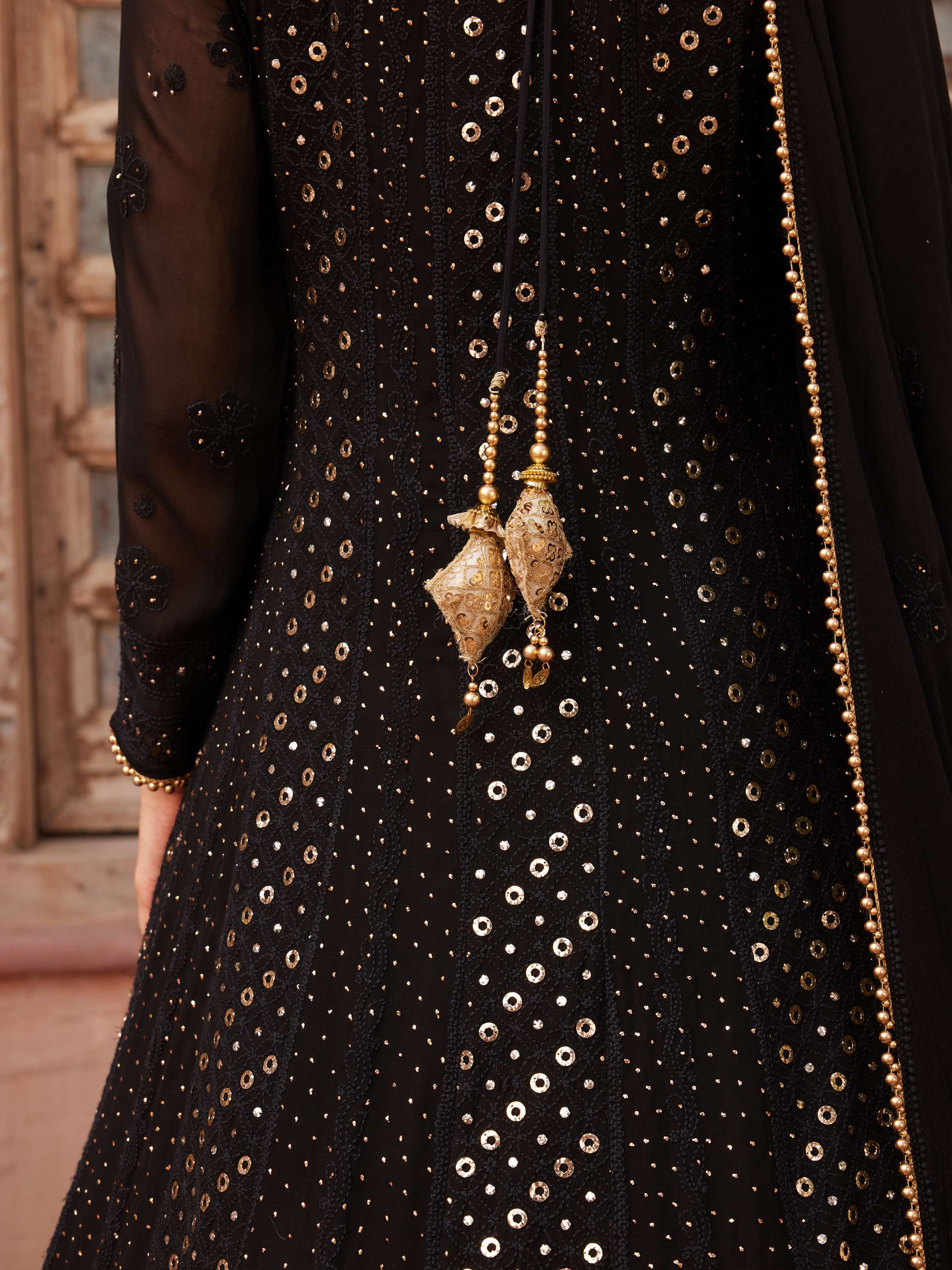 Gold & Black Mukaish Chikankari 3 Piece Anarkali Gown