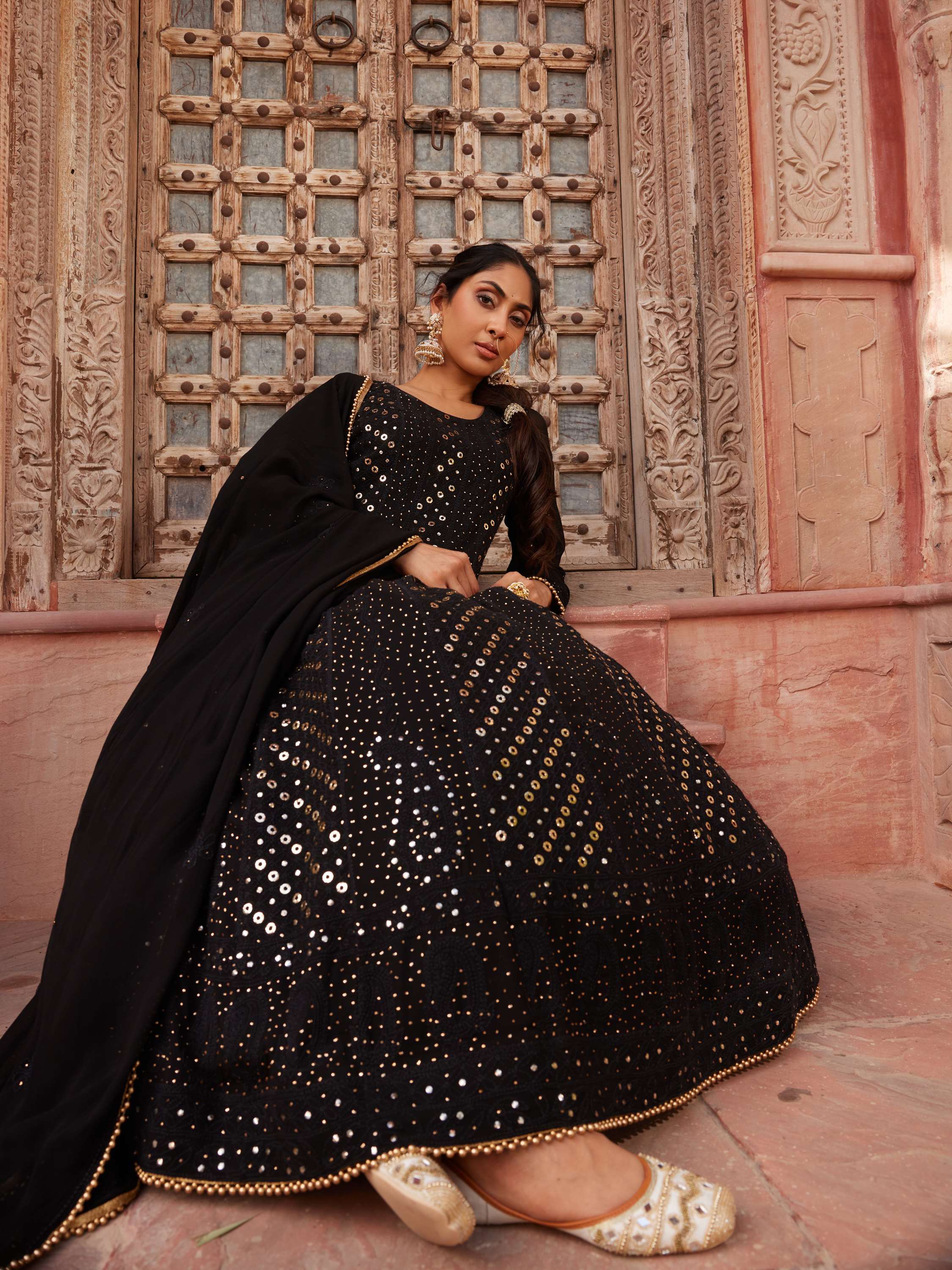 Gold & Black Mukaish Chikankari 3 Piece Anarkali Gown