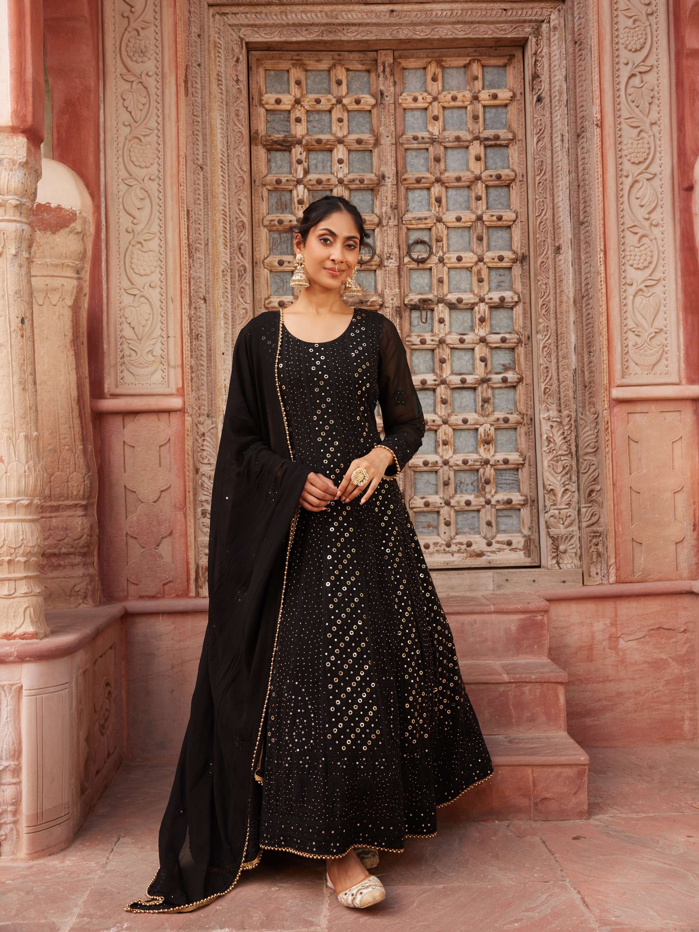 Gold & Black Mukaish Chikankari 3 Piece Anarkali Gown