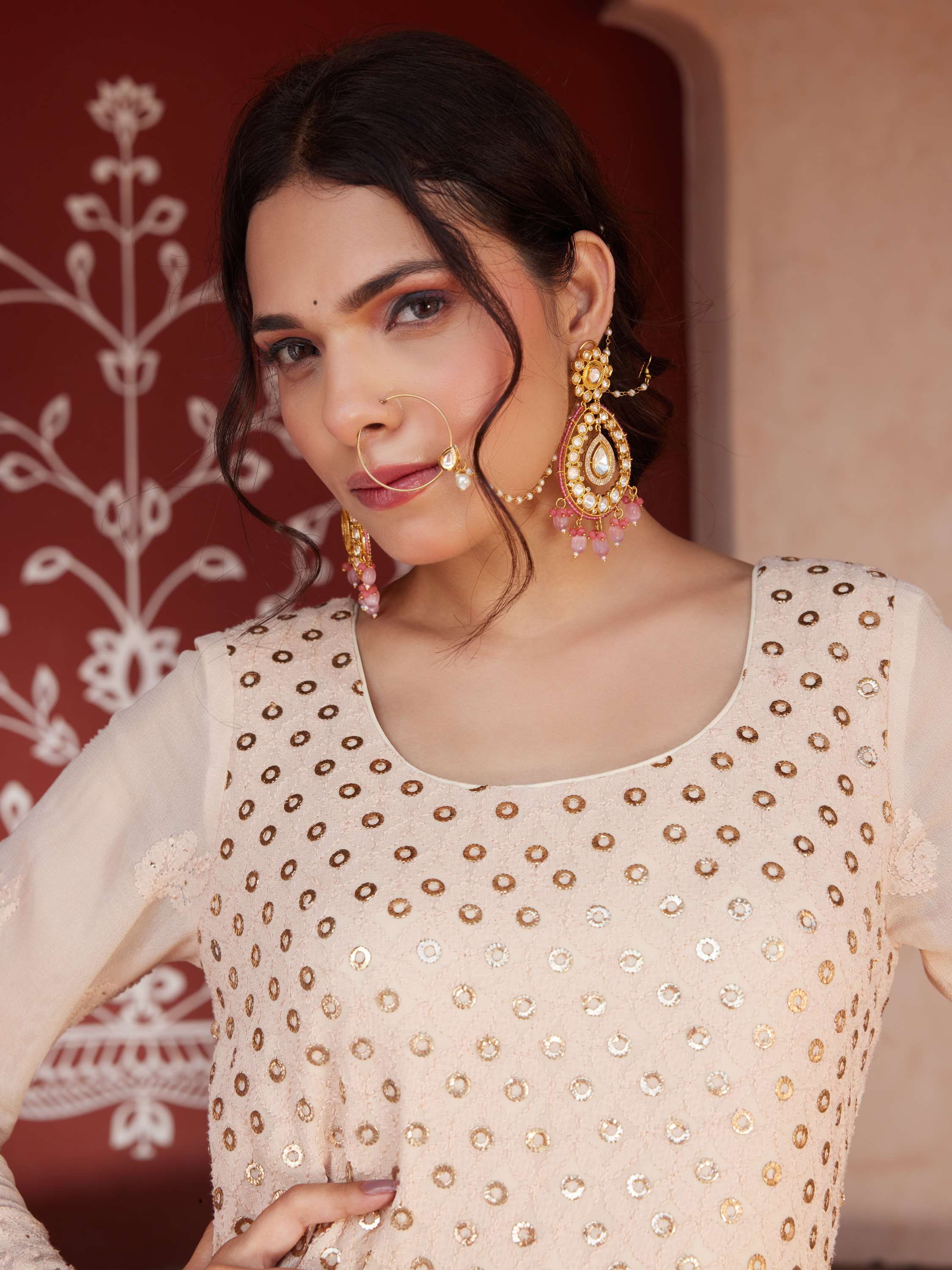 Golden Ring Mukaish Chikankari Anarkali Set