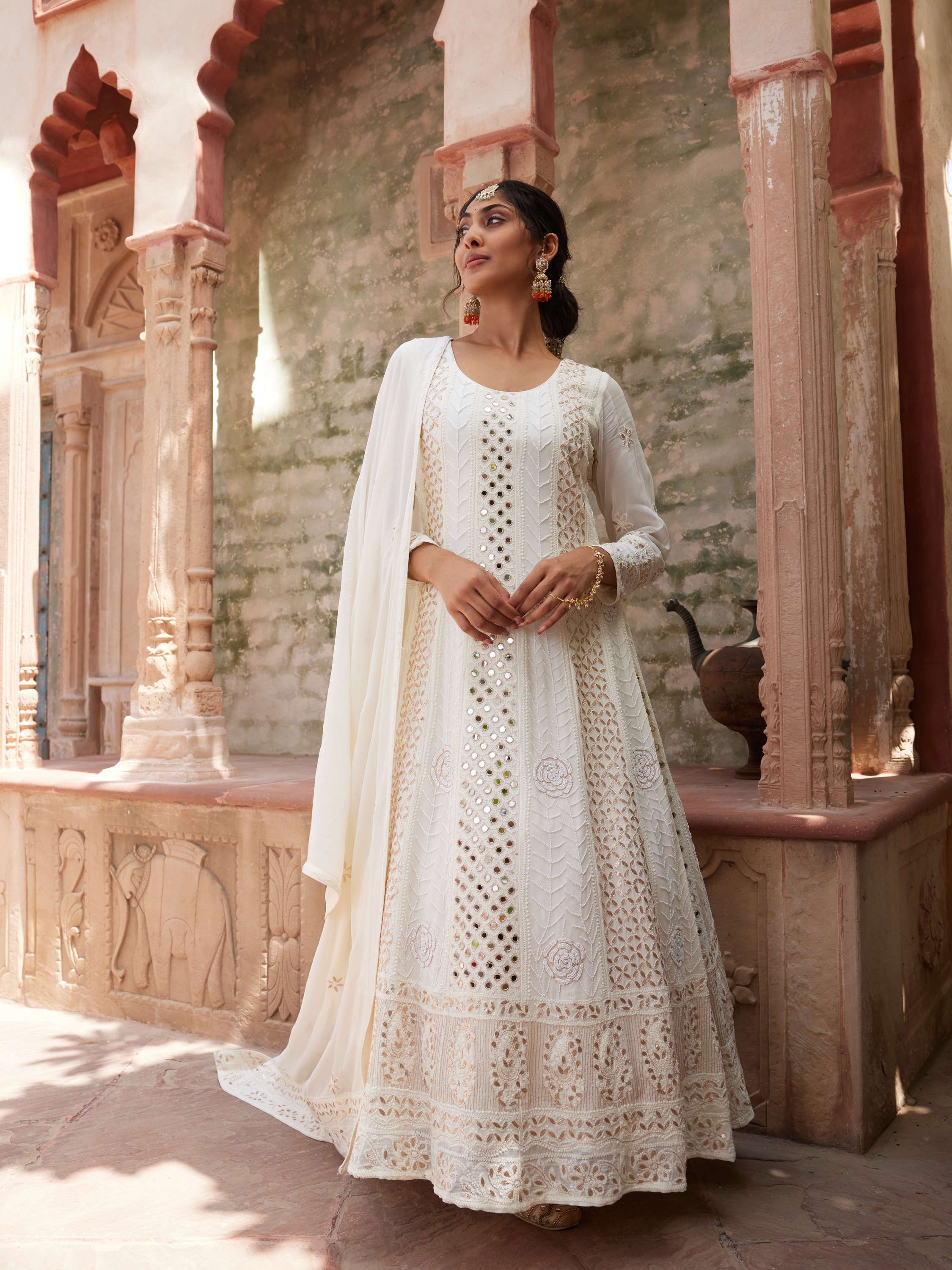 Ivory Chikankari Pearl Mirror Gota Anarkali Suit