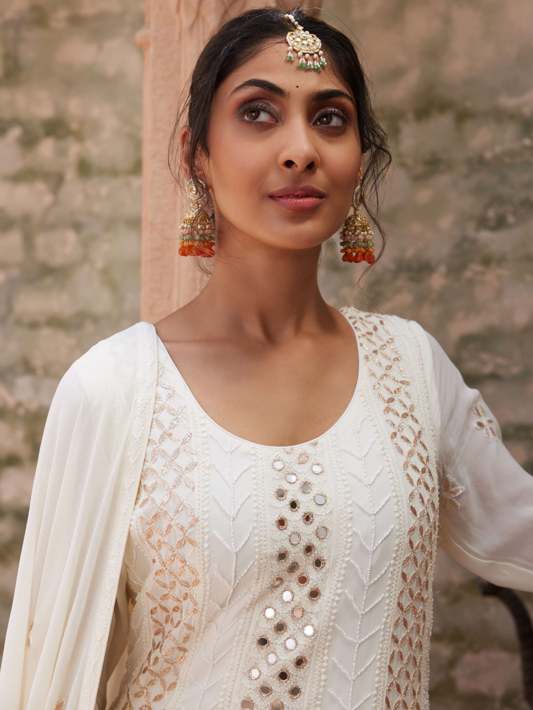 Ivory Chikankari Pearl Mirror Gota Anarkali Suit