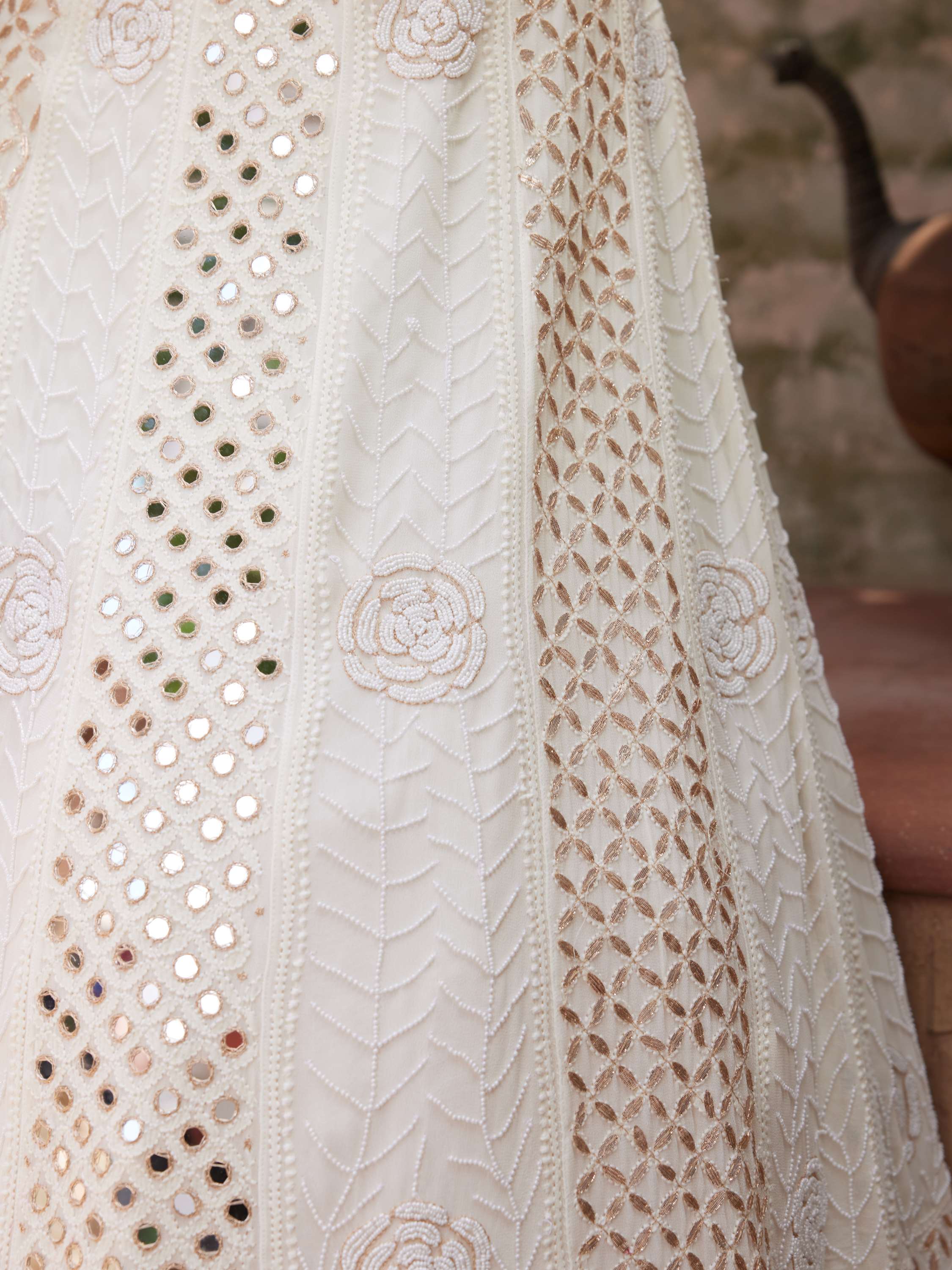 Ivory Chikankari Pearl Mirror Gota Anarkali Suit