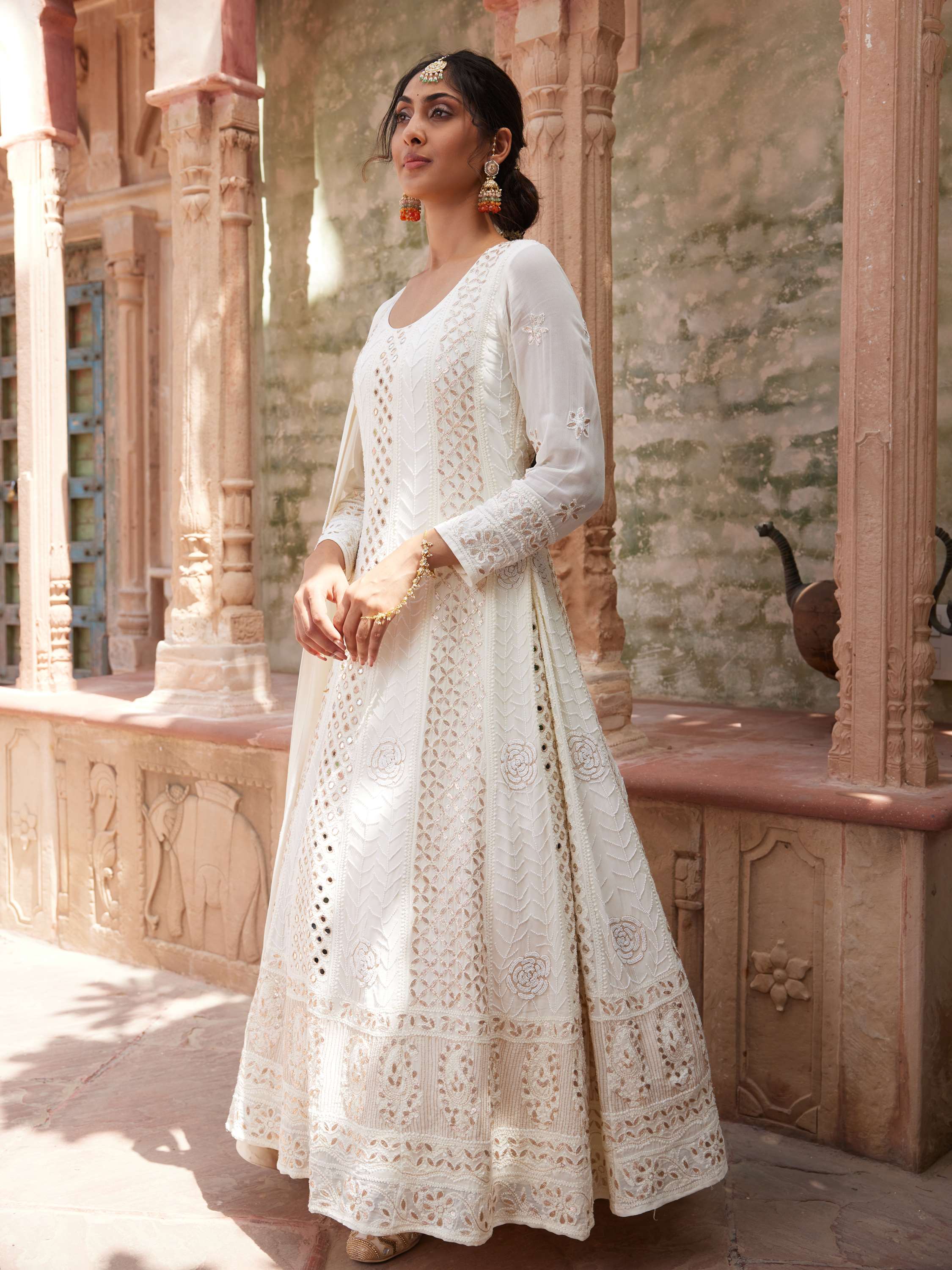 Ivory Chikankari Pearl Mirror Gota Anarkali Suit