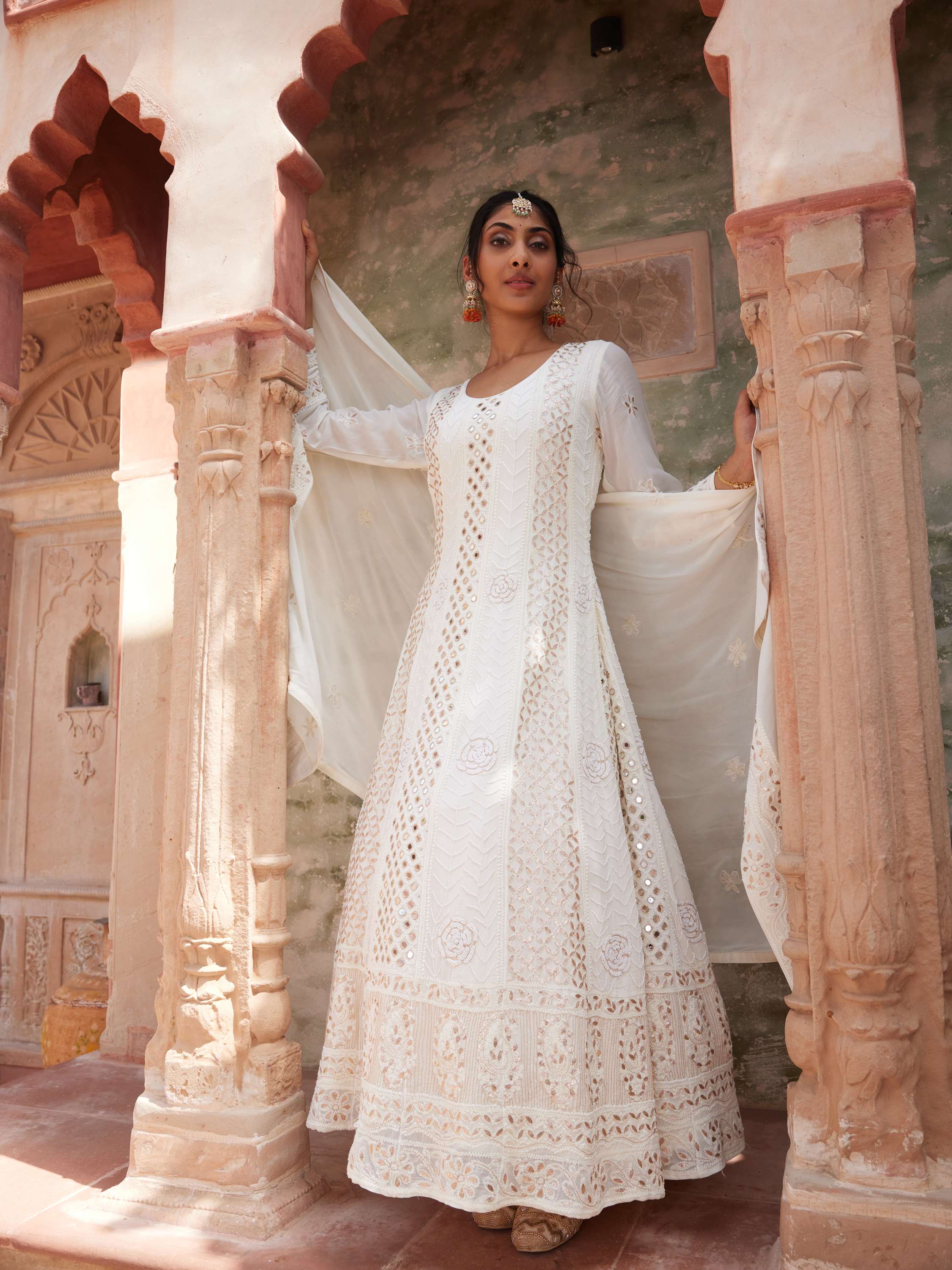 Ivory Chikankari Pearl Mirror Gota Anarkali Suit