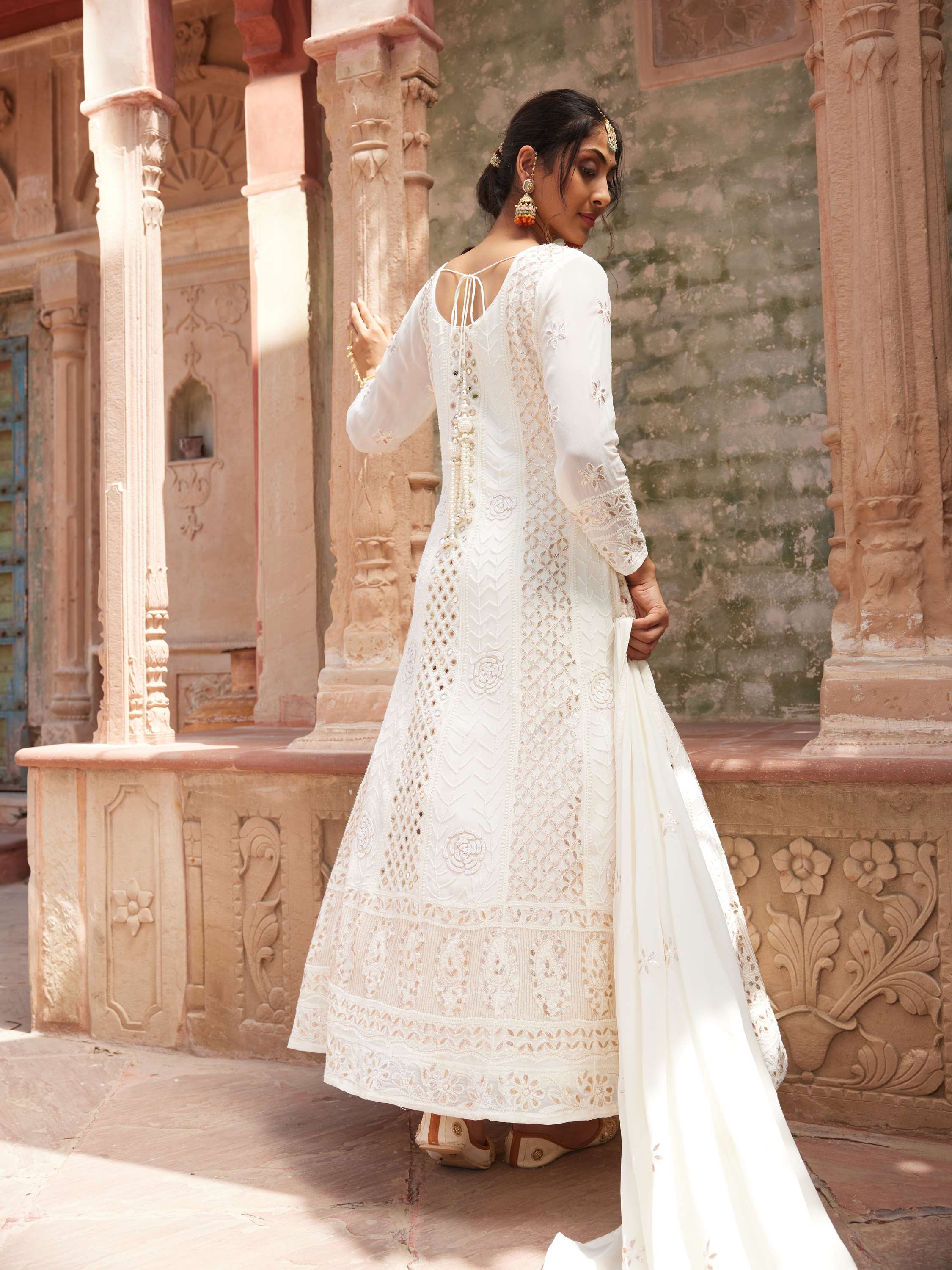 Ivory Chikankari Pearl Mirror Gota Anarkali Suit