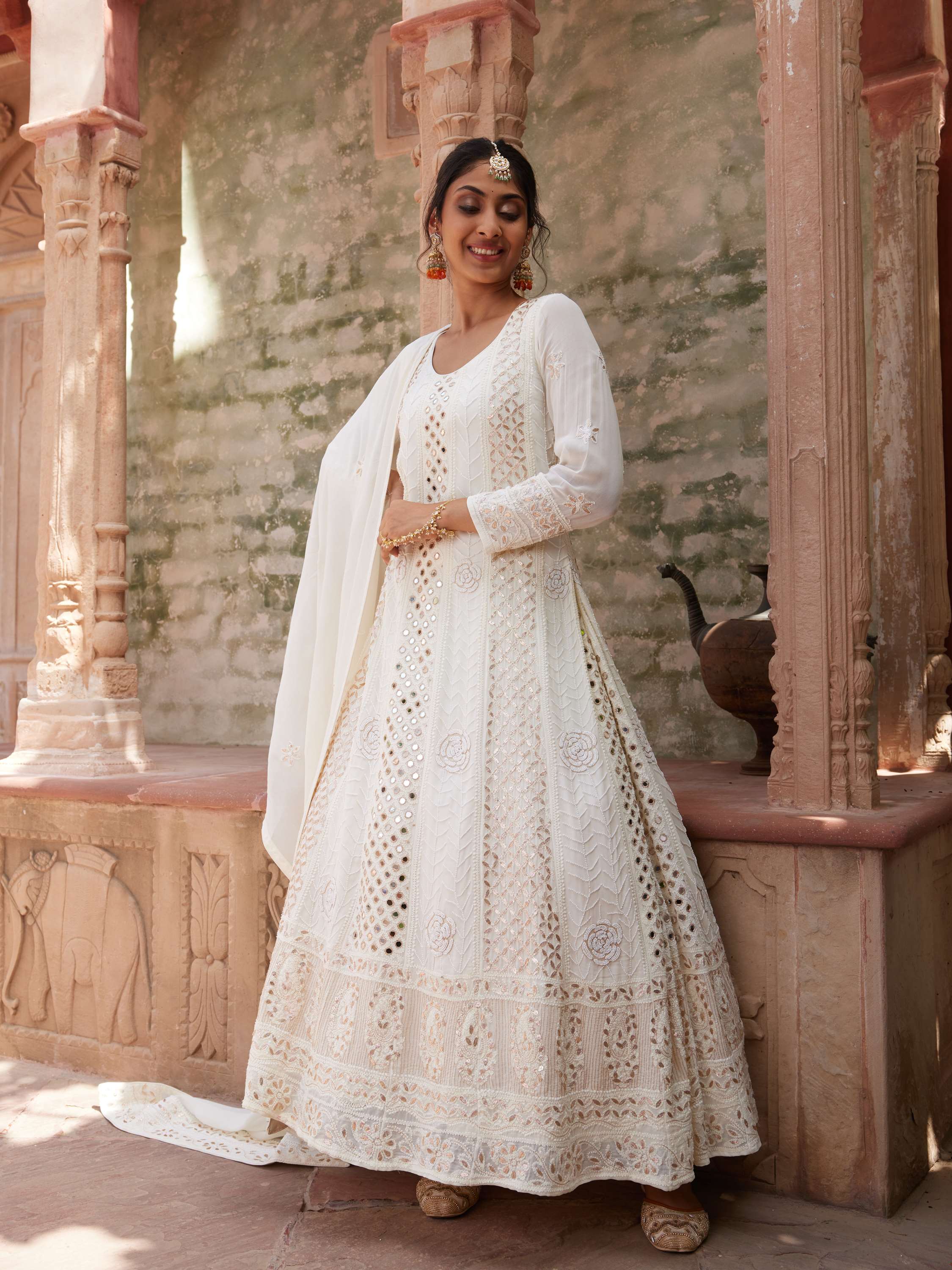 Ivory Chikankari Pearl Mirror Gota Anarkali Suit