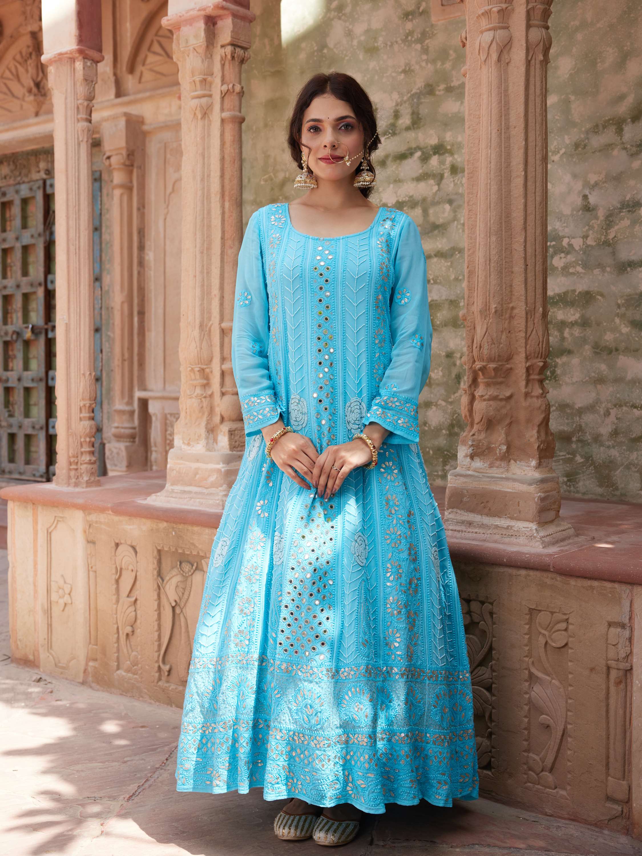Azure Blue Gota Pearl Chikankari With Mirror Anarkali Suit