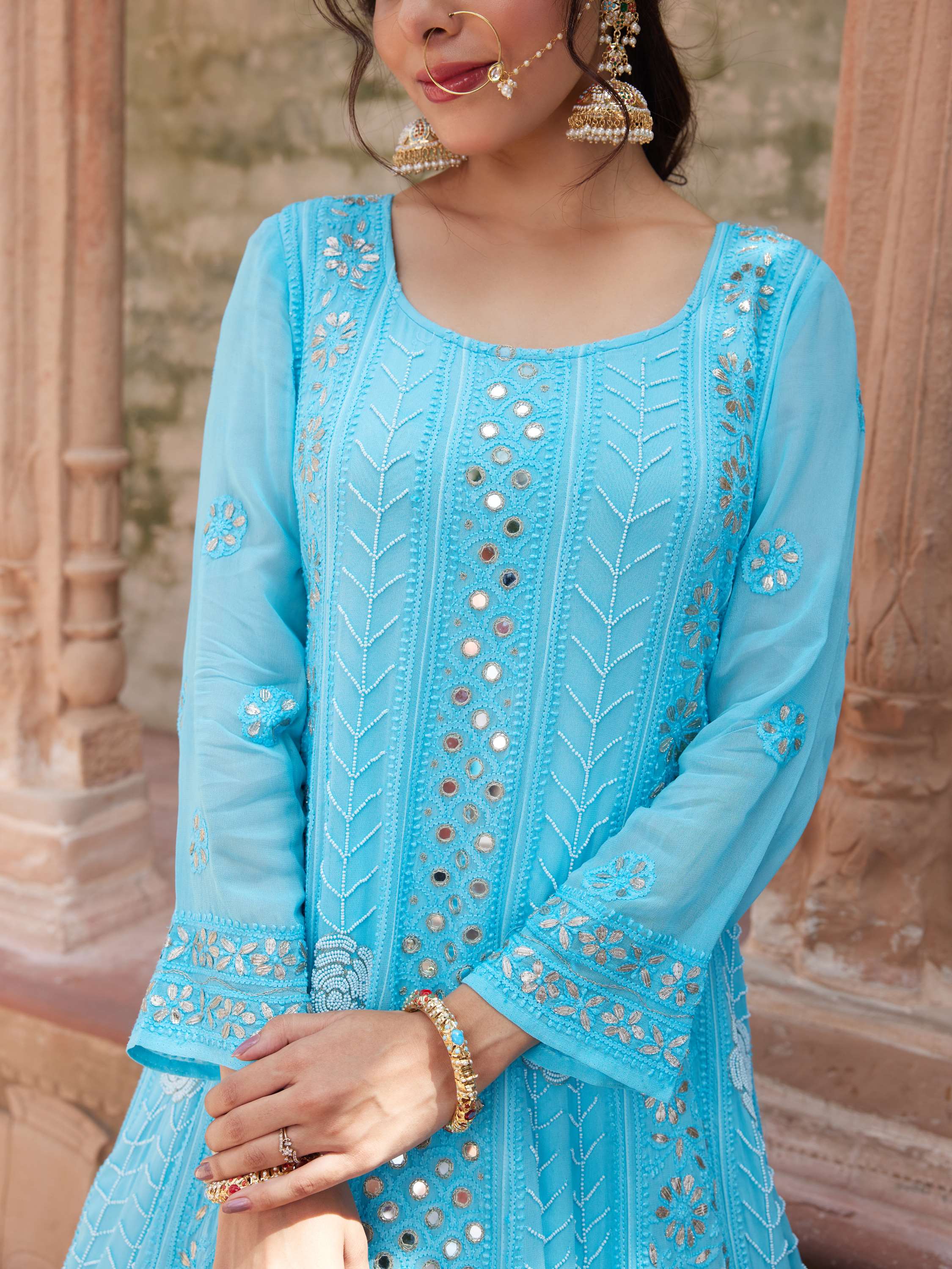Azure Blue Gota Pearl Chikankari With Mirror Anarkali Suit
