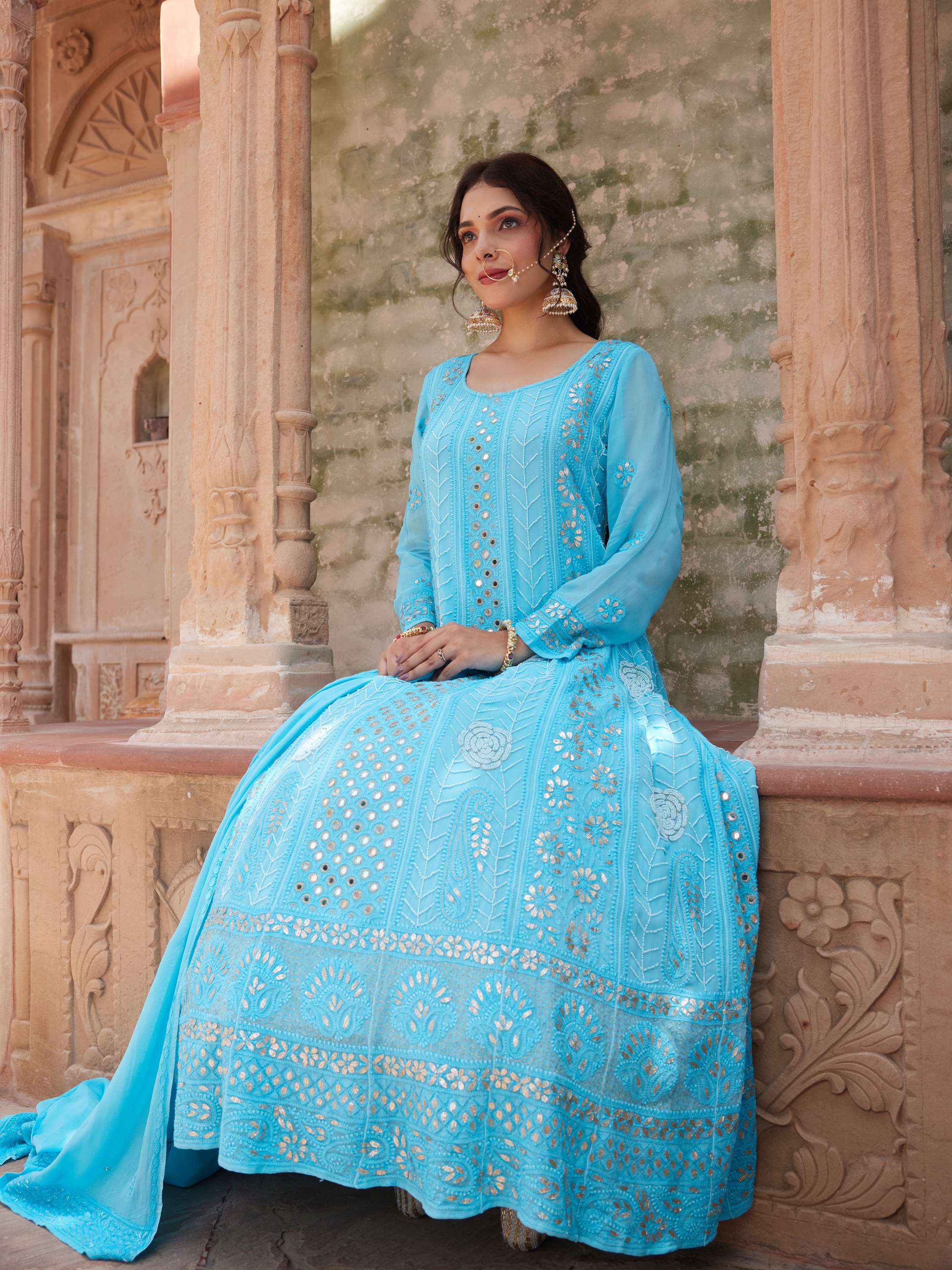 Azure Blue Gota Pearl Chikankari With Mirror Anarkali Suit