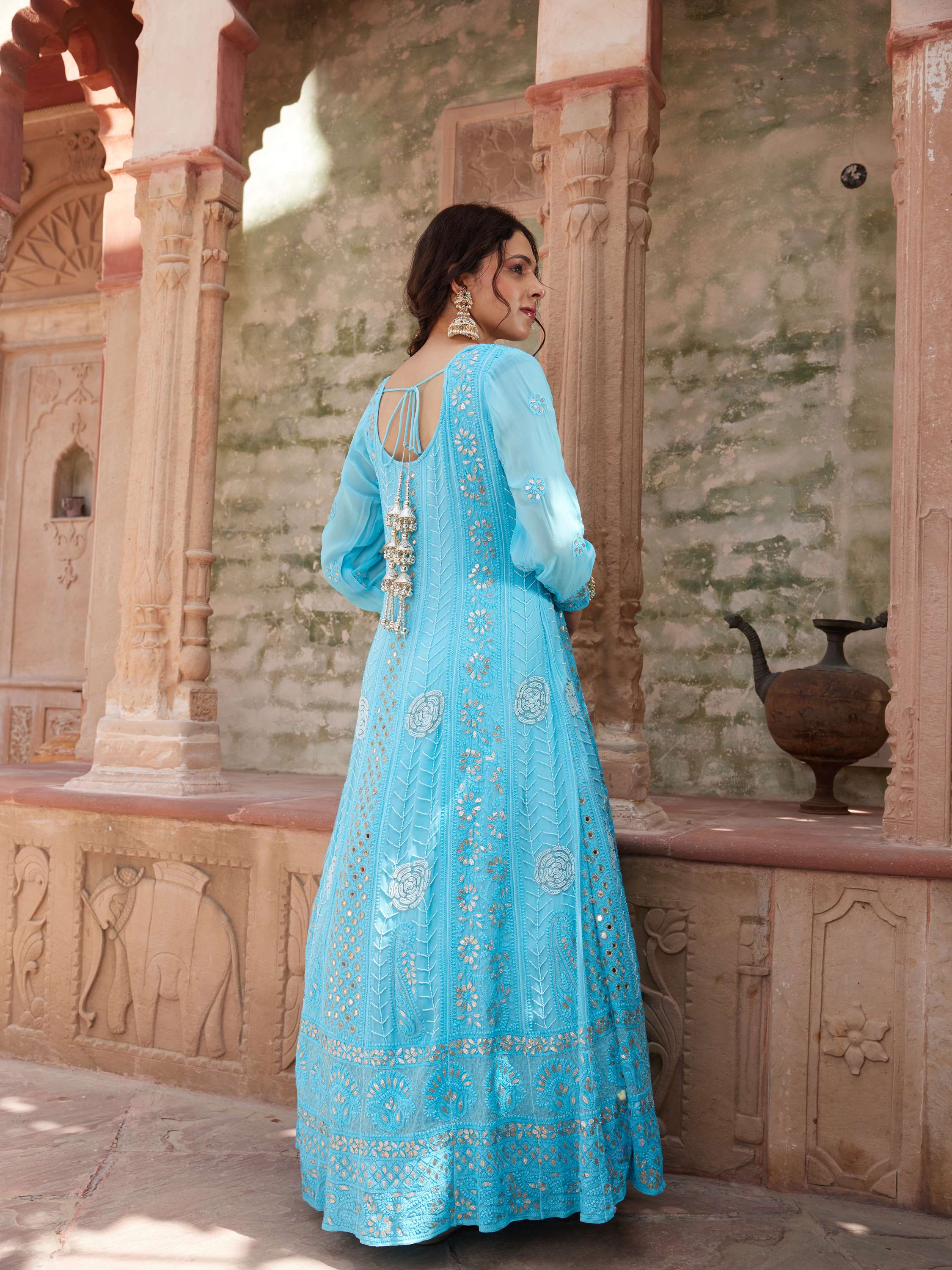 Azure Blue Gota Pearl Chikankari With Mirror Anarkali Suit
